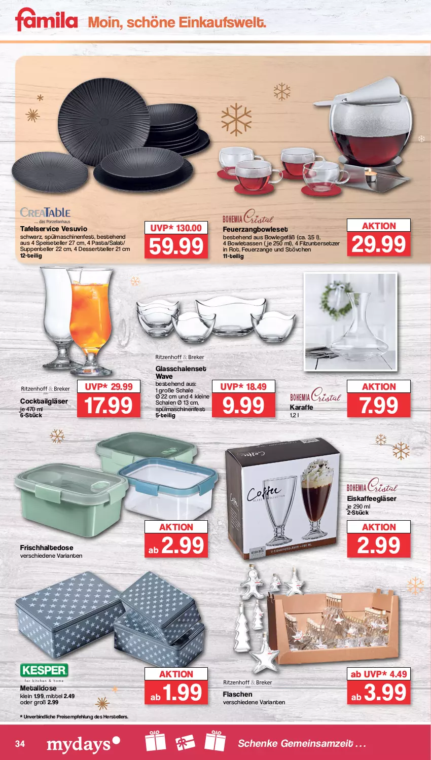 Aktueller Prospekt Famila - Prospekte - von 19.12 bis 24.12.2022 - strona 34 - produkty: bowle, cocktail, dessert, Dessertteller, eis, eiskaffee, elle, ente, flasche, Gläser, kaffee, Karaffe, leine, LG, pasta, reis, Ria, salat, Schal, Schale, Speiseteller, spielwaren, spülmaschinen, suppe, suppen, tasse, teller, Ti, Untersetzer