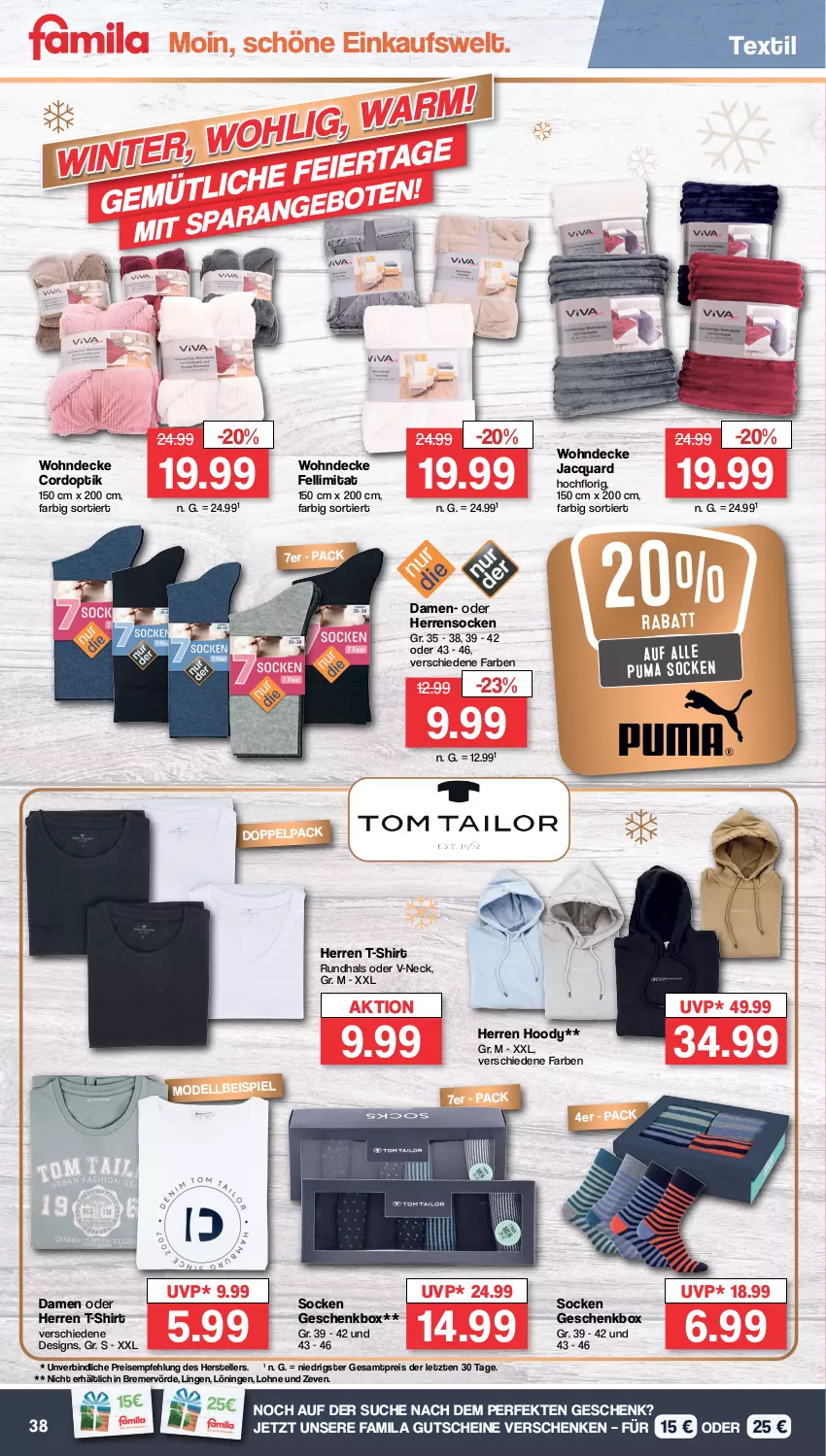 Aktueller Prospekt Famila - Prospekte - von 19.12 bis 24.12.2022 - strona 38 - produkty: decke, eier, eis, elle, Geschenkbox, gutschein, gutscheine, Herrensocken, Mode, puma, reis, shirt, socken, spielwaren, T-Shirt, teller, Ti, ZTE