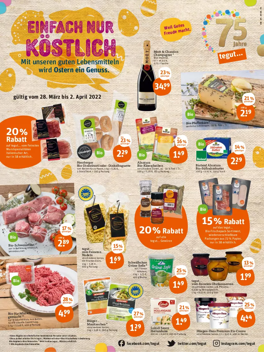 Aktueller Prospekt Tegut - Angebote der Woche - von 28.03 bis 02.04.2022 - strona 1 - produkty: alkohol, angebot, angebote, baguette, Becher, Berger, bio, Bio-Hackfleisch, Bio-Käse, bioland, braten, brut, butter, champagne, champagner, creme, dekoration, deutscher schnittkäse, eier, eis, elle, filet, flasche, fleisch, getränk, getränke, gewürz, häagen-dazs, hackfleisch, hackfleisch gemischt, herzberger, hollandaise, Käse, käsescheiben, Konserven, kräuter, kräutern, lebensmittel, lukull, maultaschen, natur, natura, nudel, nudeln, nuss, obst, papier, pfeffer, pfirsich, pfirsiche, pril, Ria, sauce, sauce hollandaise, schnittkäse, schwein, schweine, schweinefilet, Soße, Spezi, Süßrahmbutter, Tasche, taschen, Ti, wein, weine, wurst