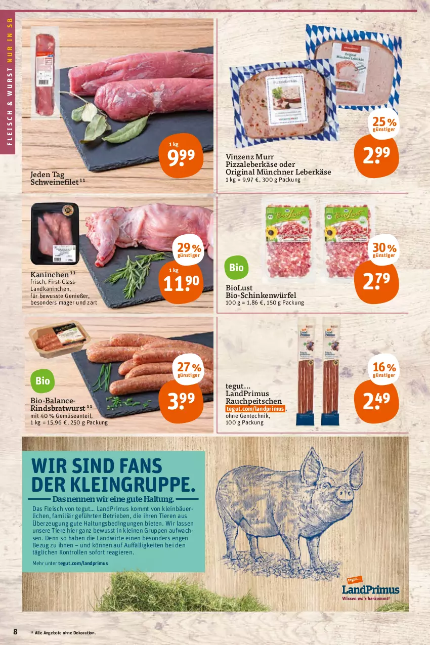 Aktueller Prospekt Tegut - Angebote der Woche - von 28.03 bis 02.04.2022 - strona 10 - produkty: angebot, angebote, bio, bratwurst, dekoration, eis, ente, filet, fleisch, gin, HP, Käse, landprimus, leberkäs, leberkäse, leine, ndk, pizza, Rauch, rind, schinken, schwein, schweine, schweinefilet, Ti, Tiere, wein, weine, würfel, wurst