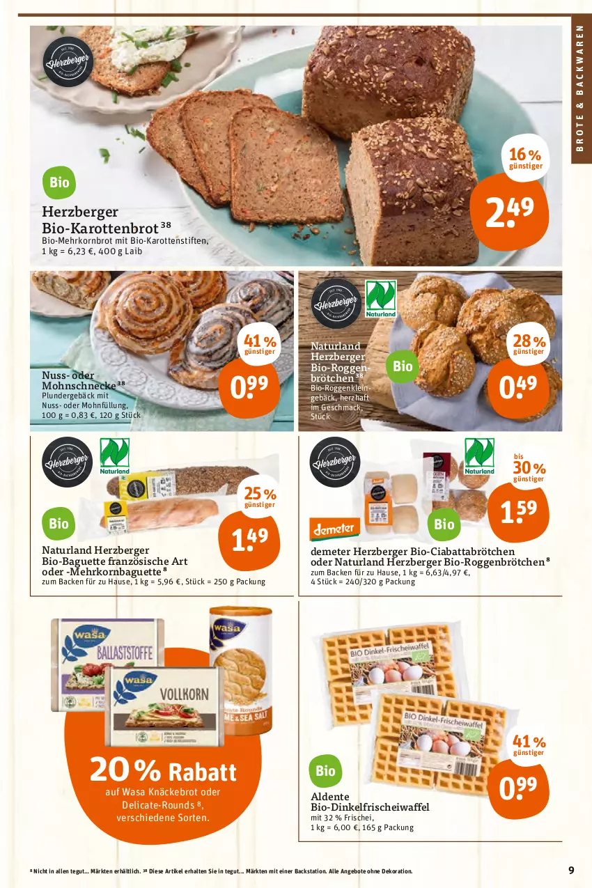 Aktueller Prospekt Tegut - Angebote der Woche - von 28.03 bis 02.04.2022 - strona 11 - produkty: angebot, angebote, backwaren, baguette, Berger, bio, bio-karotten, brot, brötchen, ciabatta, dekoration, ente, herzberger, karotten, knäckebrot, korn, Kornbrot, mac, natur, naturland, nuss, Plunder, roggenbrötchen, stifte, Ti, wasa