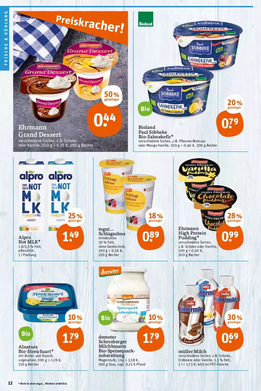 Aktueller Prospekt Tegut - Angebote der Woche - von 28.03 bis 02.04.2022 - strona 14 - produkty: alpro, auer, Bau, Bauer, Becher, beere, Berger, bio, bioland, butter, dessert, ehrmann, Ehrmann Grand Dessert, eis, ente, erdbeere, flasche, Kefir, mango, milch, Müller, natur, natura, nuss, pet-flasche, pflaume, pudding, quark, rapsöl, sahne, salz, schlagsahne, schoko, söbbeke, speisequark, Streichzart, Ti, vanille, walnuss