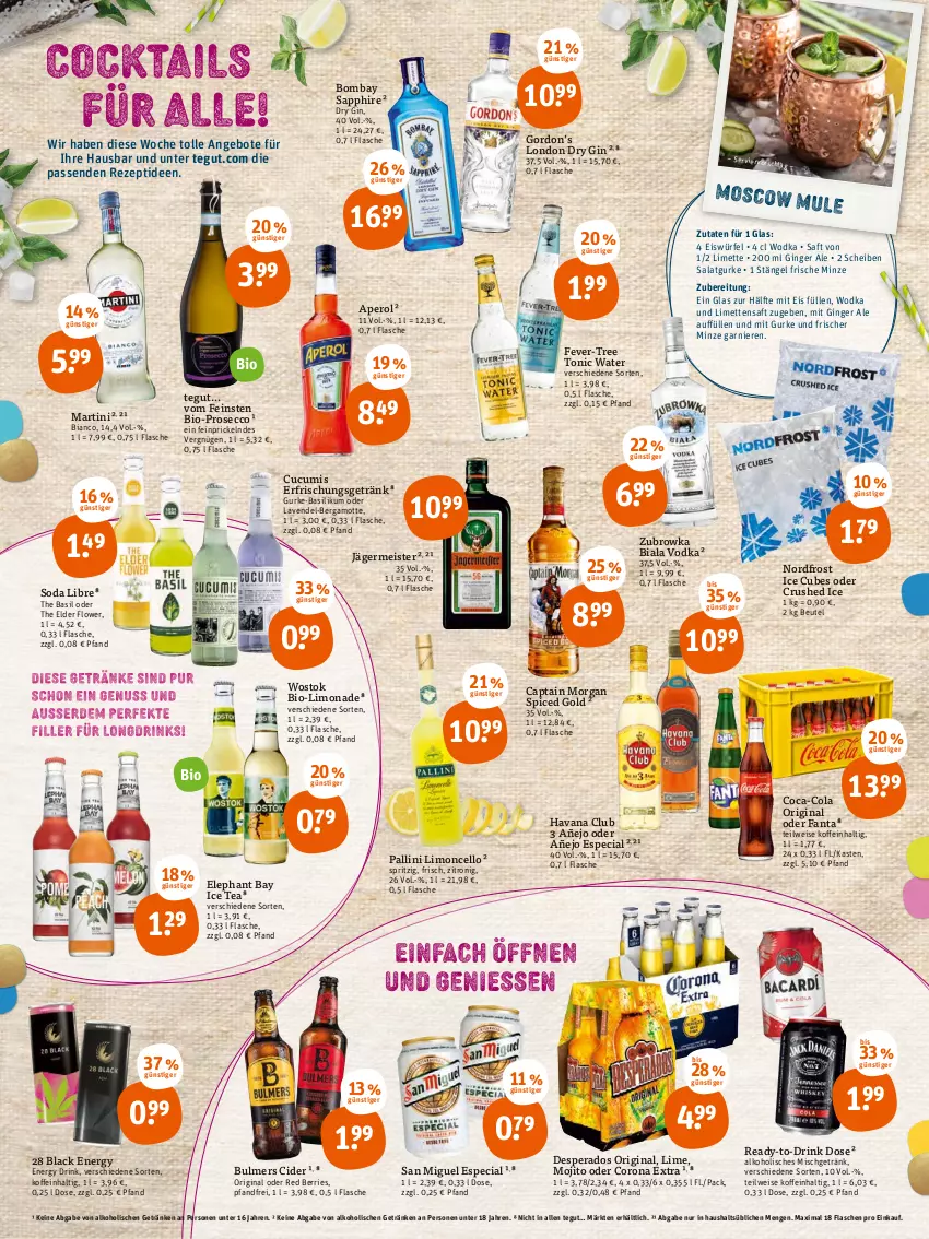 Aktueller Prospekt Tegut - Angebote der Woche - von 28.03 bis 02.04.2022 - strona 2 - produkty: alkohol, angebot, angebote, aperol, basilikum, Bergamotte, beutel, bio, bombay sapphire, Cap, captain morgan, cider, coca-cola, cola, corona, corona extra, crushed ice, desperados, drink, Drink Dose, dry gin, ecco, eis, eiswürfel, Elephant Bay, energy drink, erfrischungsgetränk, fanta, fever-tree, flasche, garnier, Germ, getränk, getränke, gin, ginger, ginger ale, gordon, Gordon’s, gurke, Havana Club, ice tea, jägermeister, lack, lavendel, limette, limetten, limo, limonade, london dry, london dry gin, martini, Meister, Mett, metten, minze, mojito, prosecco, rezept, saft, salat, Salatgurke, sapphire, Soda, Ti, tonic, tonic water, usb, vodka, wodka, würfel