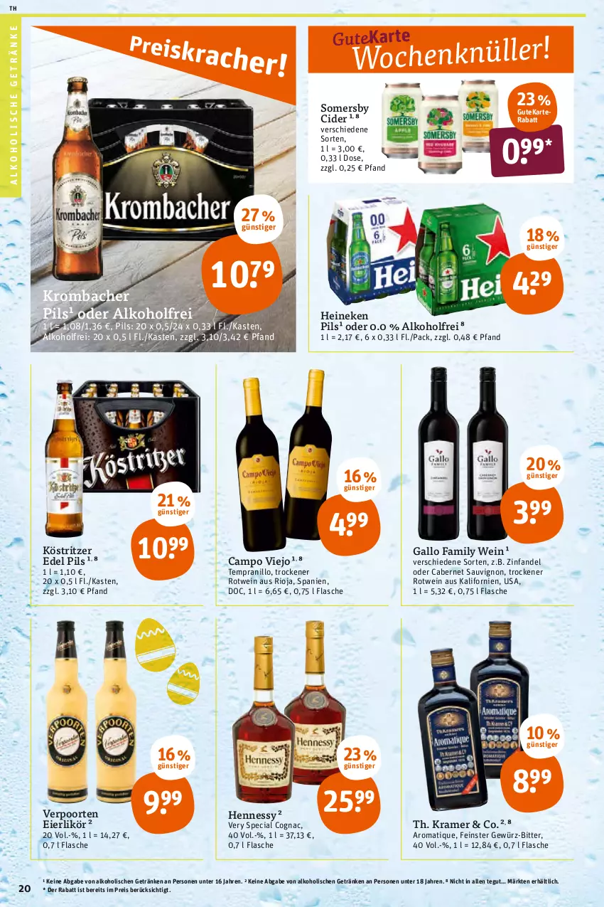 Aktueller Prospekt Tegut - Angebote der Woche - von 28.03 bis 02.04.2022 - strona 22 - produkty: alkohol, alkoholische getränke, cabernet, cabernet sauvignon, campo viejo, cider, Cognac, eier, eierlikör, eis, flasche, gallo, gallo family, getränk, getränke, gewürz, heineken, köstritzer, krombache, krombacher, krombacher pils, likör, pils, reis, rioja, rotwein, sauvignon, somersby, tempranillo, Ti, verpoorten, wein