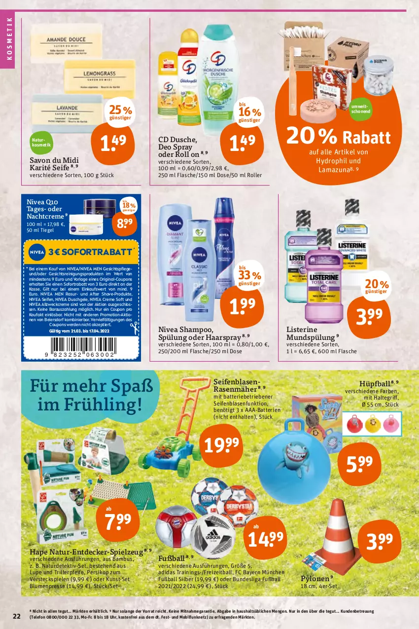 Aktueller Prospekt Tegut - Angebote der Woche - von 28.03 bis 02.04.2022 - strona 24 - produkty: AA-Batterien, AAA-Batterien, Adidas, after shave, ball, bambus, batterie, batterien, blume, blumen, coupon, coupons, creme, decke, deo, deo spray, dusche, duschgel, eier, erde, flasche, Fußball, gesichtspflege, gin, haarspray, kosmetik, listerine, mundspülung, nachtcreme, natur, naturkosmetik, nivea, Nivea Men, Q10, rasen, rasenmäher, Reinigung, Roller, Seife, senf, shampoo, sofortrabatt, Spiele, spielzeug, spülung, Steckspiel, telefon, Ti, uhr, weck