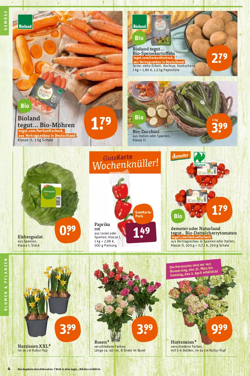 Aktueller Prospekt Tegut - Angebote der Woche - von 28.03 bis 02.04.2022 - strona 6 - produkty: angebot, angebote, Bau, bio, bio-zucchini, bioland, blume, blumen, cherrytomaten, dekoration, eis, eisbergsalat, hortensie, hortensien, kartoffel, kartoffeln, möhren, Narzissen, natur, naturland, papier, Papiertüte, paprika, paprika rot, pflanze, pflanzen, reis, rosen, salat, Schal, Schale, speisekartoffeln, Ti, tomate, tomaten, topf, Tüte, zucchini