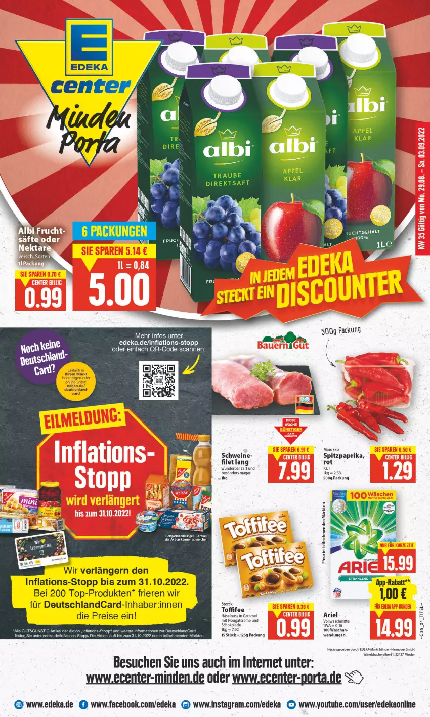 Aktueller Prospekt E Center - Angebote der Woche - von 29.08 bis 03.09.2022 - strona 1 - produkty: ariel, beispielabbildung, caramel, creme, deka, deutschlandcard, direktsaft, eis, ente, filet, haselnuss, Nougatcreme, nuss, paprika, reis, saft, schoko, schokolade, schwein, schweine, Spitzpaprika, Ti, toffifee, vollwaschmittel, waschmittel, wein, weine, Yo