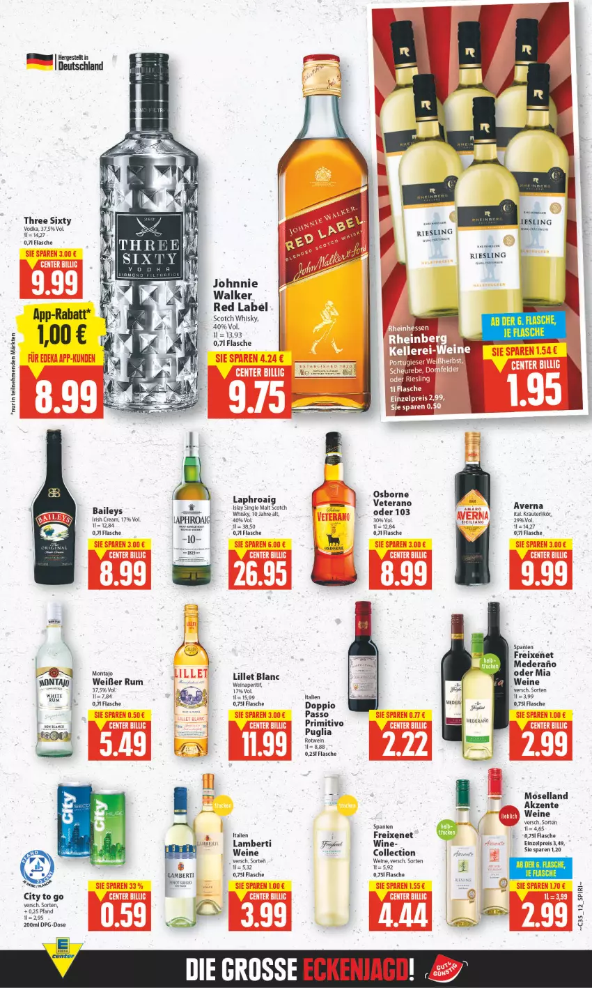 Aktueller Prospekt E Center - Angebote der Woche - von 29.08 bis 03.09.2022 - strona 11 - produkty: amaro, Amber, averna, ente, flasche, freixenet, islay single malt, johnnie walker, kräuter, kräuterlikör, laphroaig, likör, lillet, moselland, osborne, passo, primitivo, riesling, rotwein, rum, scotch, scotch whisky, single malt, Three Sixty, Ti, veterano, vodka, wein, weine, whisky