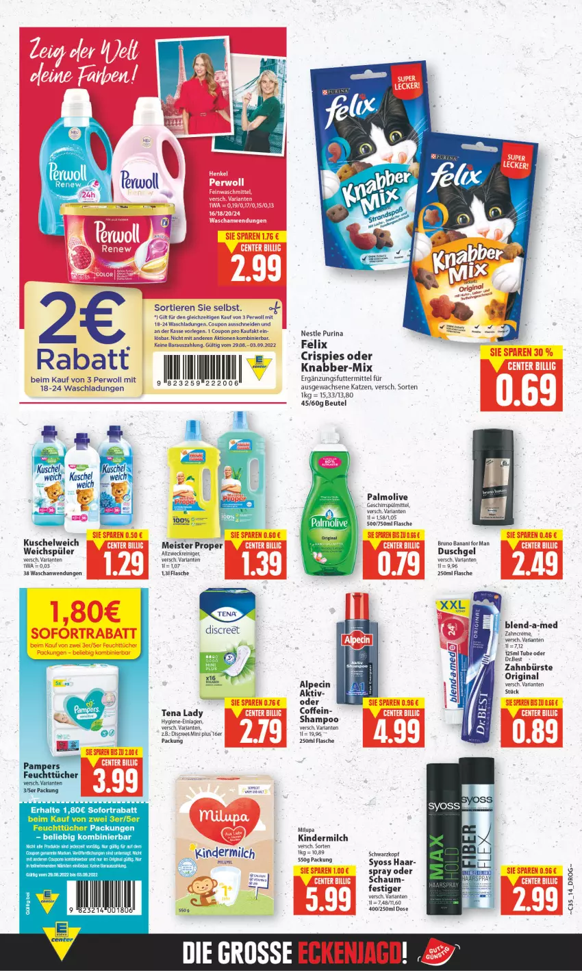 Aktueller Prospekt E Center - Angebote der Woche - von 29.08 bis 03.09.2022 - strona 13 - produkty: allzweckreiniger, alpecin, arla, beutel, blend-a-med, bruno banani, bürste, cin, coffein, coupon, creme, Discreet, duschgel, eis, felix, feuchttücher, flasche, geschirr, geschirrspülmittel, gin, Kinder, kindermilch, Kuschelweich, Meister, meister proper, milch, milupa, olive, palmolive, perwoll, purina, reiniger, Ria, schwarzkop, schwarzkopf, shampoo, sofortrabatt, spülmittel, syoss, Tena Lady, Ti, Tiere, tücher, weck, weichspüler, Yo, zahnbürste, zahncreme