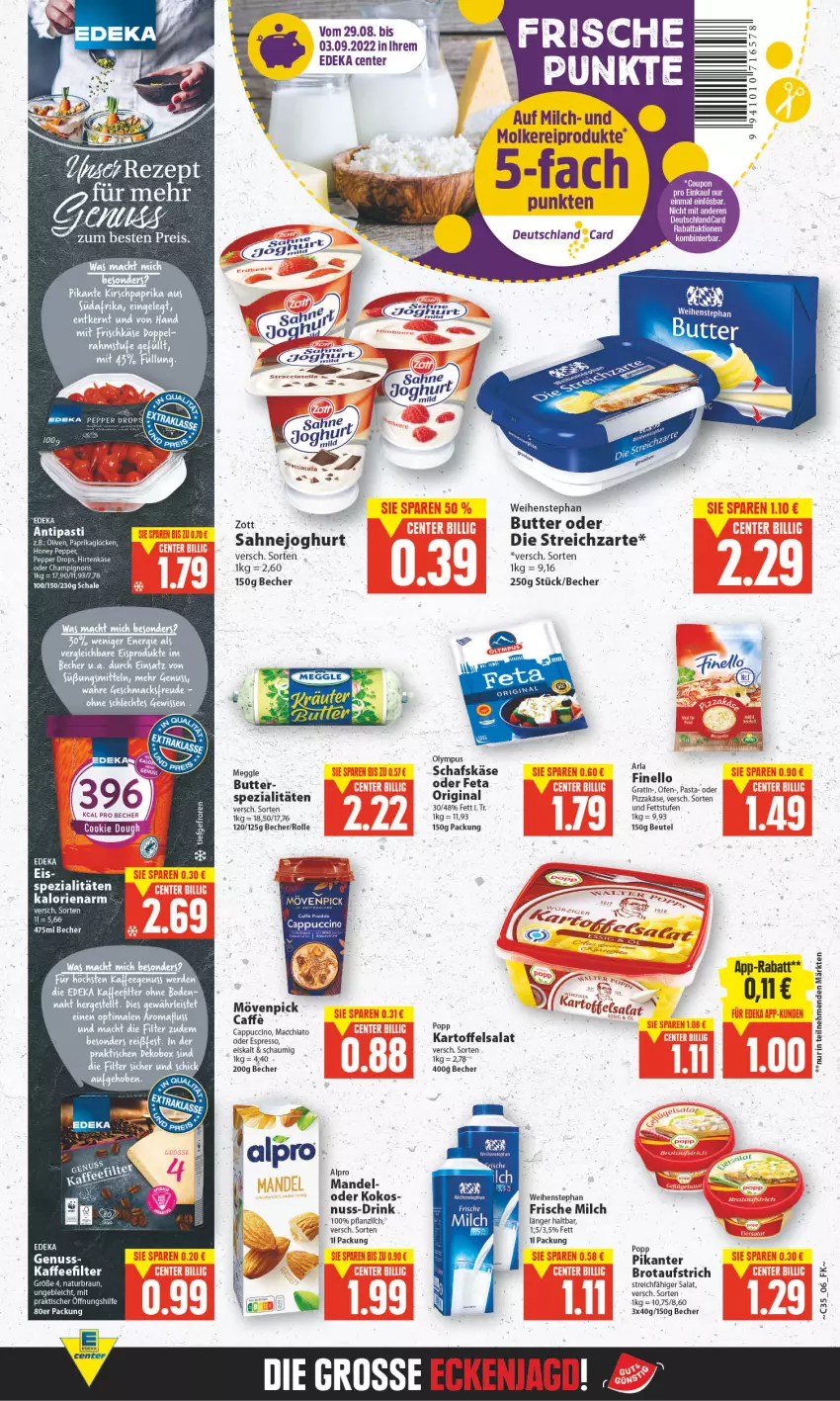 Aktueller Prospekt E Center - Angebote der Woche - von 29.08 bis 03.09.2022 - strona 6 - produkty: ACC, alpro, aufstrich, Becher, beutel, brot, brotaufstrich, butter, caffe, Cap, cappuccino, champignon, champignons, cin, deka, deutschlandcard, drink, eis, elle, ente, erde, espresso, feta, finello, frische milch, hirtenkäse, kaffee, kartoffel, kartoffelsalat, Käse, kokos, LG, mac, mandel, meggle, milch, molkereiprodukte, mövenpick, nuss, oder espresso, Ofen, olive, oliven, paprika, pasta, pizza, Popp, reis, salat, schafskäse, Schal, Schale, Spezi, Streichzart, tee, Ti, tisch, weihenstephan, zott