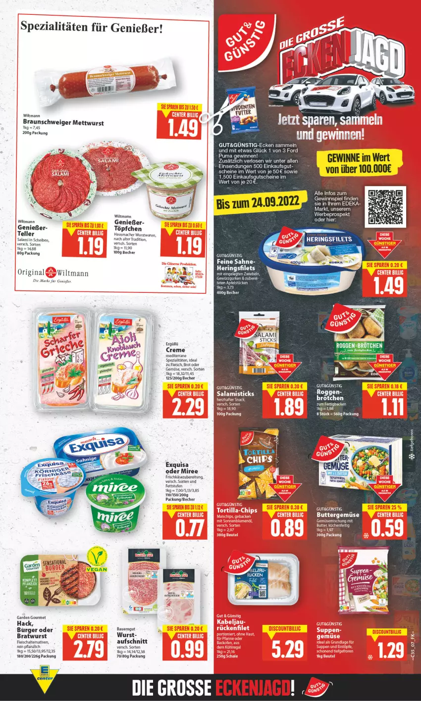 Aktueller Prospekt E Center - Angebote der Woche - von 29.08 bis 03.09.2022 - strona 7 - produkty: apfel, auer, aufschnitt, Bau, Bauer, bauerngut, Becher, bier, bratwurst, brot, butter, creme, deka, eis, elle, ente, exquisa, filet, filets, fleisch, frischkäse, garden gourmet, gewinnspiel, gutschein, gutscheine, Hausmacher, hering, Herings, heringsfilets, Käse, küche, Küchen, mac, miree, puma, rel, ring, sahne, salami, Schal, schinken, Spezi, teller, Ti, Töpfchen, wiltmann, wurst