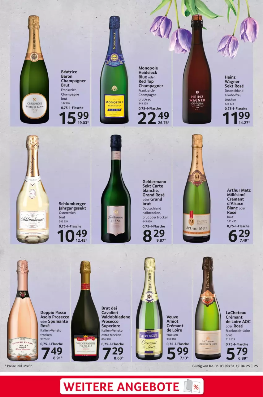 Aktueller Prospekt Selgros - Feinkostkatalog für Ostern - von 06.03 bis 19.04.2025 - strona 25 - produkty: alkohol, angebot, angebote, Berger, brut, Cava, champagne, champagner, doppio passo, ecco, eis, flasche, geldermann, heinz, jahrgangssekt, passo, prosecco, puma, reis, sac, sekt, sim, spumante, Ti, valdo, wagner