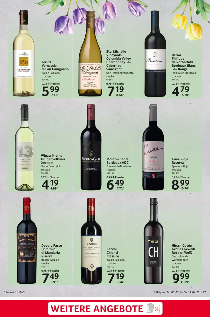 Aktueller Prospekt Selgros - Feinkostkatalog für Ostern - von 06.03 bis 19.04.2025 - strona 27 - produkty: ACC, angebot, angebote, cabernet, cabernet sauvignon, chardonnay, chia, chianti, classico, Columbia, doppio passo, eis, elle, grüner veltliner, mehl, passo, primitivo, reis, Ria, rioja, riserva, rouge, sauvignon, Ti