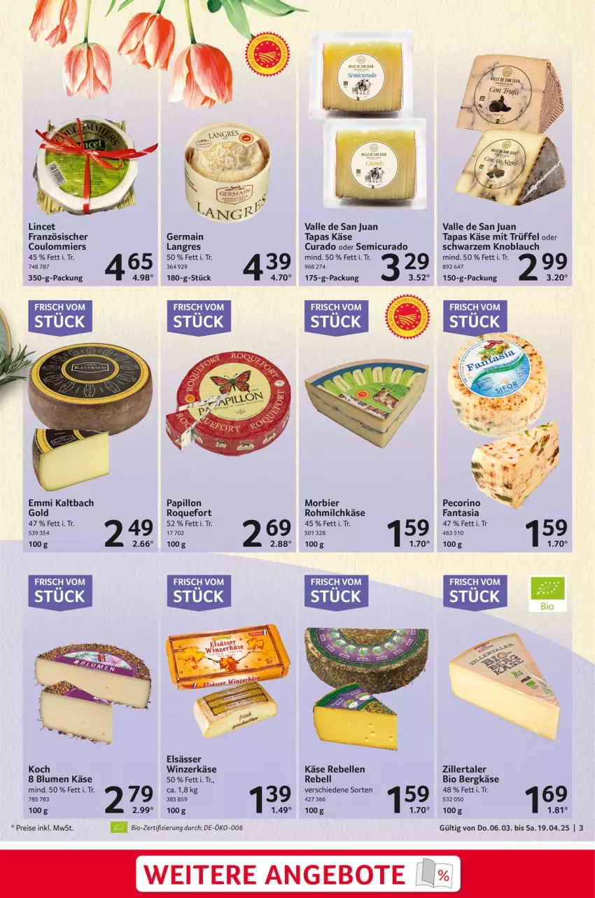 Aktueller Prospekt Selgros - Feinkostkatalog für Ostern - von 06.03 bis 19.04.2025 - strona 3 - produkty: angebot, angebote, Bergkäse, bier, bio, blume, blumen, eis, elle, emmi, fanta, Germ, Käse, knoblauch, milch, Morbier, Pecorino, rebell, reis, Tapas, Ti, Trüffel