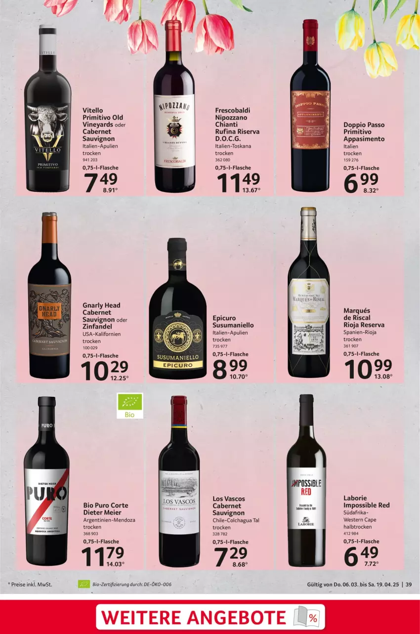 Aktueller Prospekt Selgros - Feinkostkatalog für Ostern - von 06.03 bis 19.04.2025 - strona 39 - produkty: aldi, angebot, angebote, bio, cabernet, cabernet sauvignon, Cap, chia, chianti, doppio passo, eier, eis, flasche, passo, primitivo, reis, rioja, riserva, sauvignon, sim, Ti, Weste