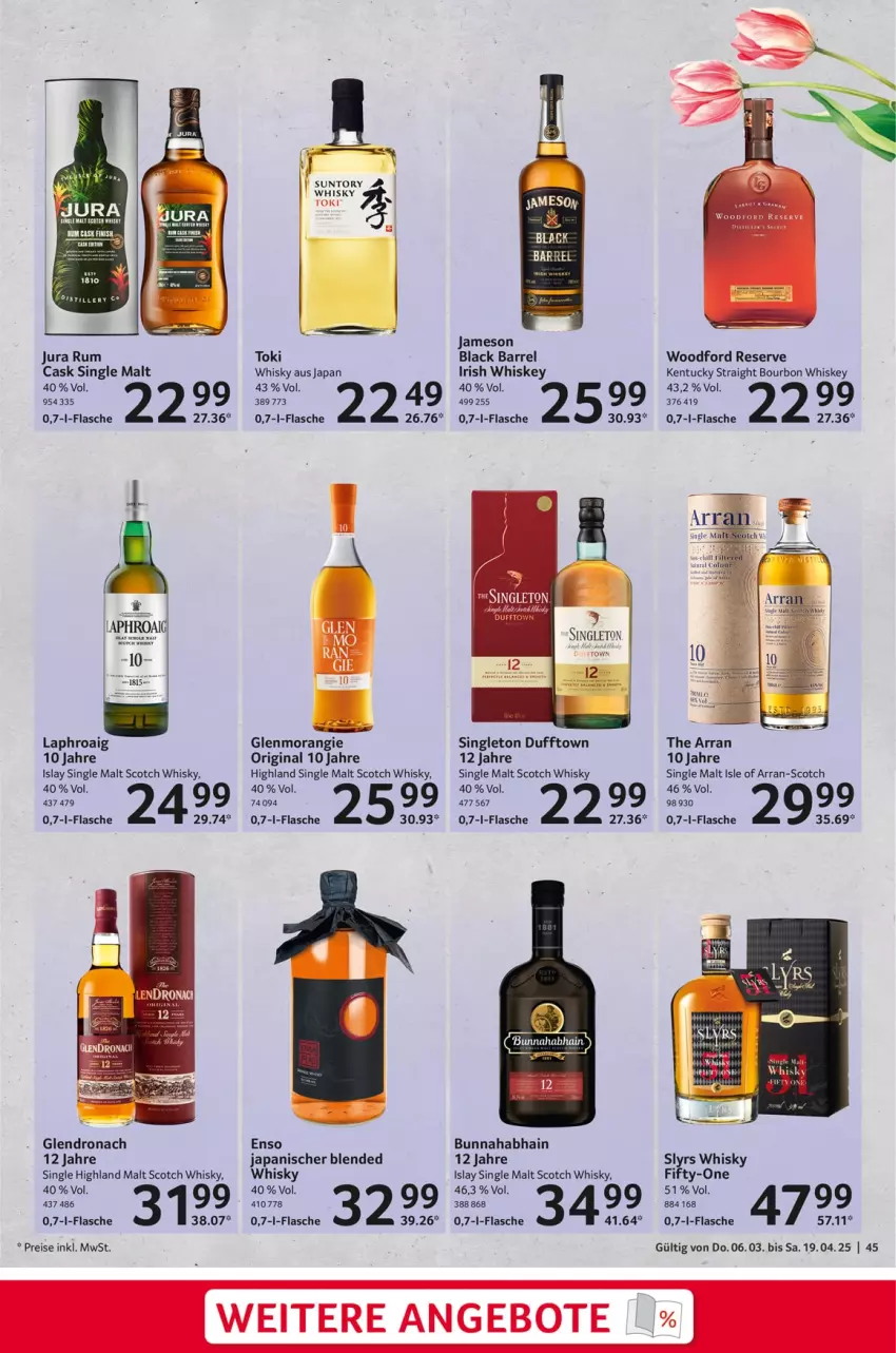 Aktueller Prospekt Selgros - Feinkostkatalog für Ostern - von 06.03 bis 19.04.2025 - strona 45 - produkty: angebot, angebote, bourbon, eis, flasche, gin, irish whiskey, islay single malt, jameson, Jura, kentucky straight, lack, laphroaig, reis, rel, rum, scotch, scotch whisky, single malt, tee, Ti, tuc, whiskey, whisky