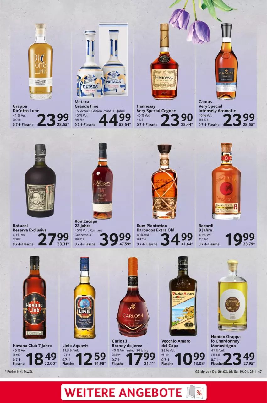 Aktueller Prospekt Selgros - Feinkostkatalog für Ostern - von 06.03 bis 19.04.2025 - strona 47 - produkty: amaro, angebot, angebote, aqua, aquavit, arlo, bacardi, Bad, Camus, Cap, chardonnay, Cognac, eis, flasche, grappa, Havana Club, reis, Ria, rum, Ti, tuc