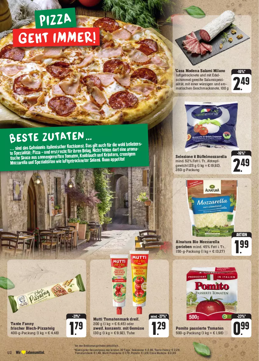 Aktueller Prospekt Edeka - Angebote der Woche - von 25.09 bis 30.09.2023 - strona 2 - produkty: bio, Casa Modena, eis, kräuter, kräutern, mac, mit gemüse, Mode, mozzarella, Mutti, natur, natura, pizza, Pizzateig, pomito, reis, rel, salami, sauce, Spezi, tante fanny, Ti, tisch, tomate, tomaten, tomatenmark, ZTE