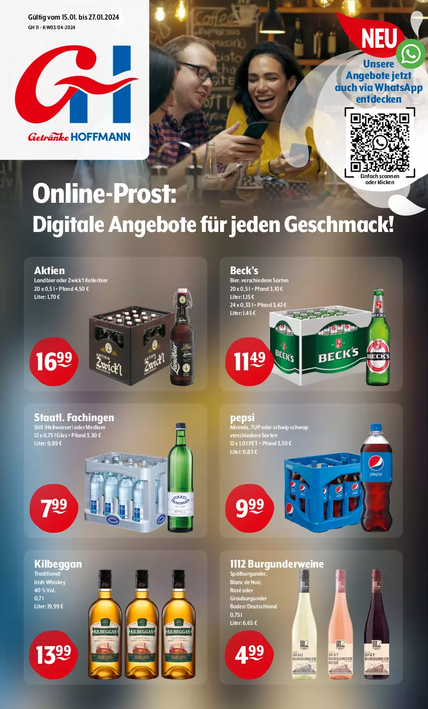 Aktueller Prospekt Getraenke Hoffmann - Prospekte - von 15.01 bis 27.01.2024 - strona 1 - produkty: 7UP, angebot, angebote, Bad, bier, burgunder, decke, elle, grauburgunder, irish whiskey, kellerbier, kilbeggan, mac, Mirinda, pepsi, rind, rwe, Schwip Schwap, spätburgunder, Staatl. Fachingen, Ti, wasser, wein, weine, whiskey, WICK