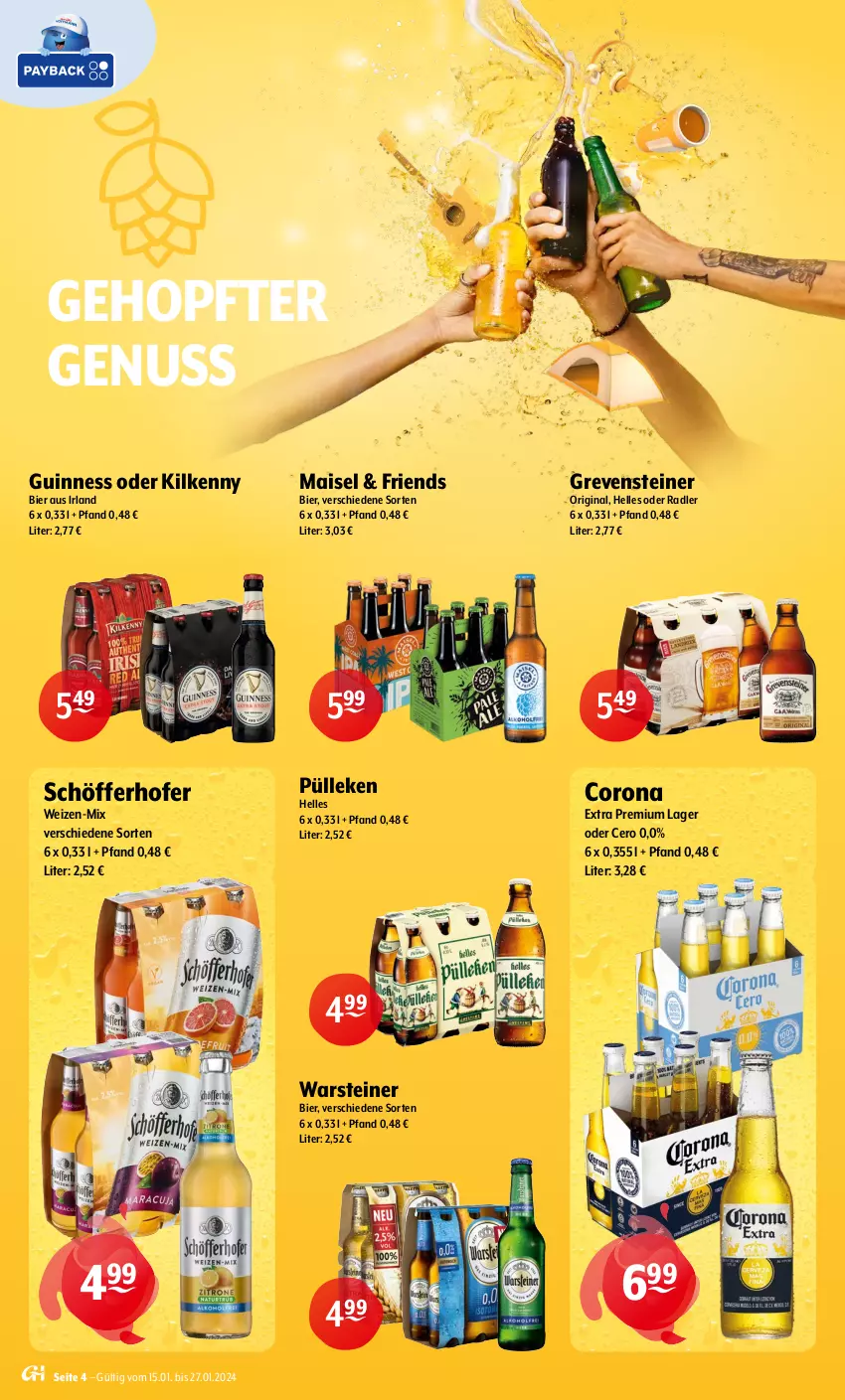 Aktueller Prospekt Getraenke Hoffmann - Prospekte - von 15.01 bis 27.01.2024 - strona 4 - produkty: alkohol, Astra, bier, budweiser, carlsberg, corona, eis, elle, ente, franziskaner, getränk, getränke, gin, grevensteiner, Guinness, Hefe, Kilkenny, mais, mönchshof, natur, nuss, oder radler, radler, schöfferhofer, steiner, Ti, warsteiner, weissbier