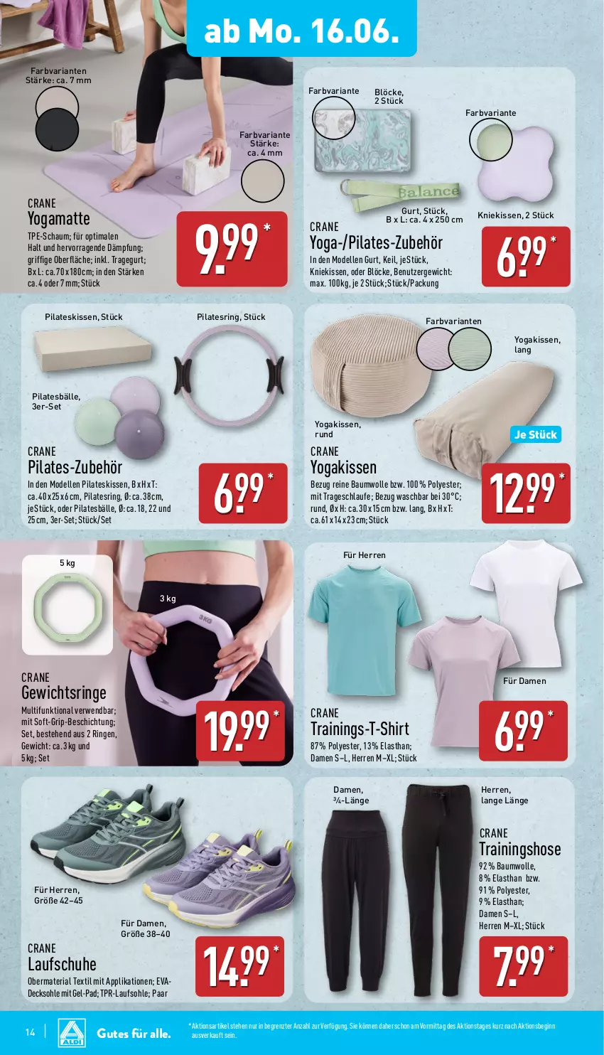 Aktueller Prospekt Aldi Nord - Von Montag - von 16.06 bis 21.06.2025 - strona 14 - produkty: Bau, baumwolle, decksohle, dell, elle, gin, hose, kissen, Kniekissen, Laufschuhe, Mode, reine baumwolle, Ria, ring, rwe, schuhe, shirt, T-Shirt, Ti, Trainingshose, wolle, Yo, ZTE