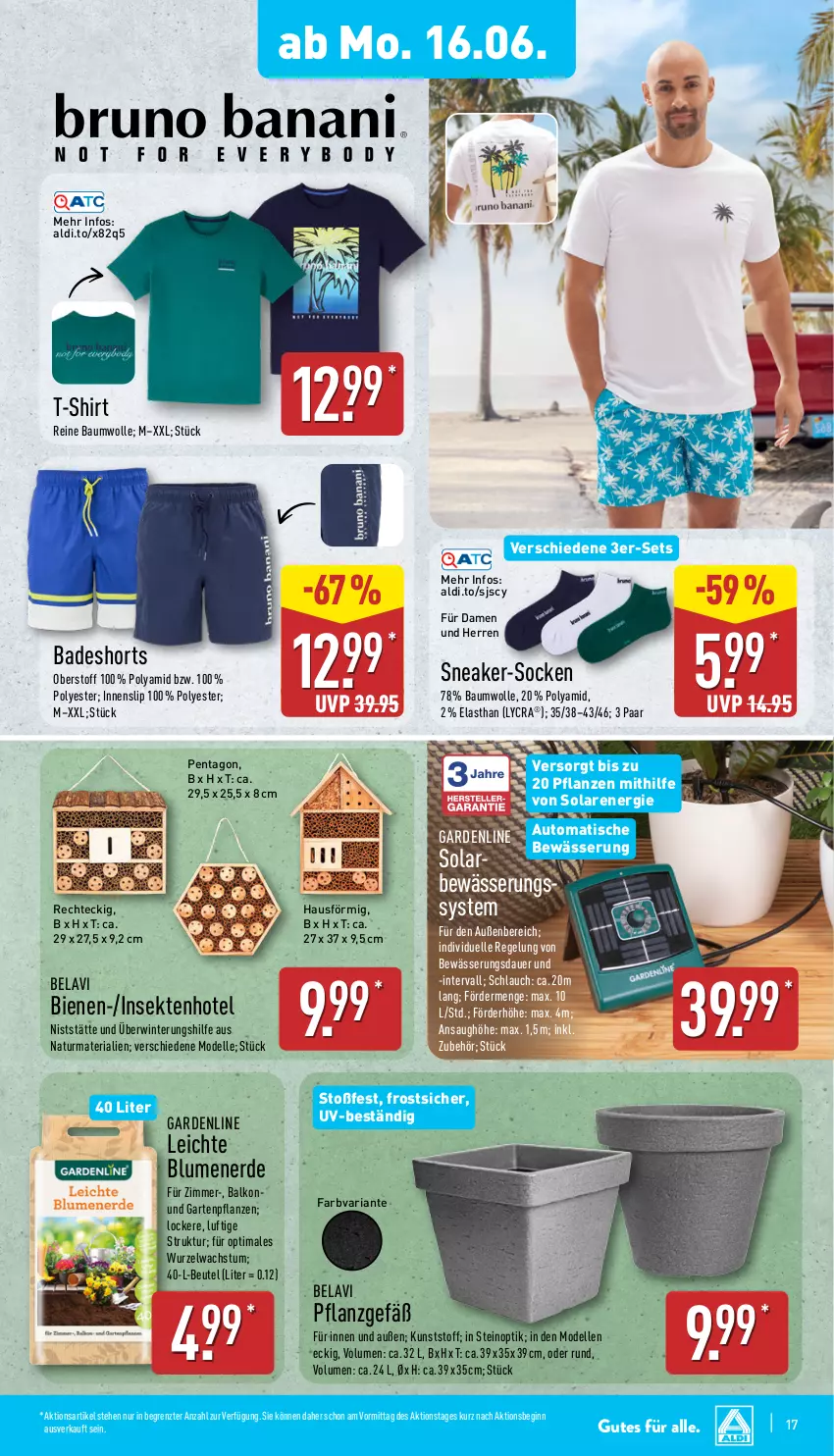 Aktueller Prospekt Aldi Nord - Von Montag - von 16.06 bis 21.06.2025 - strona 17 - produkty: aldi, auer, auto, Bad, badeshorts, Bau, baumwolle, beutel, blume, blumen, blumenerde, dell, elle, erde, Garten, Gartenpflanze, gin, Mode, natur, pflanze, pflanzen, reine baumwolle, Ria, schlauch, sekt, shirt, shorts, slip, sneaker, socken, T-Shirt, Ti, tisch, wolle, ZTE