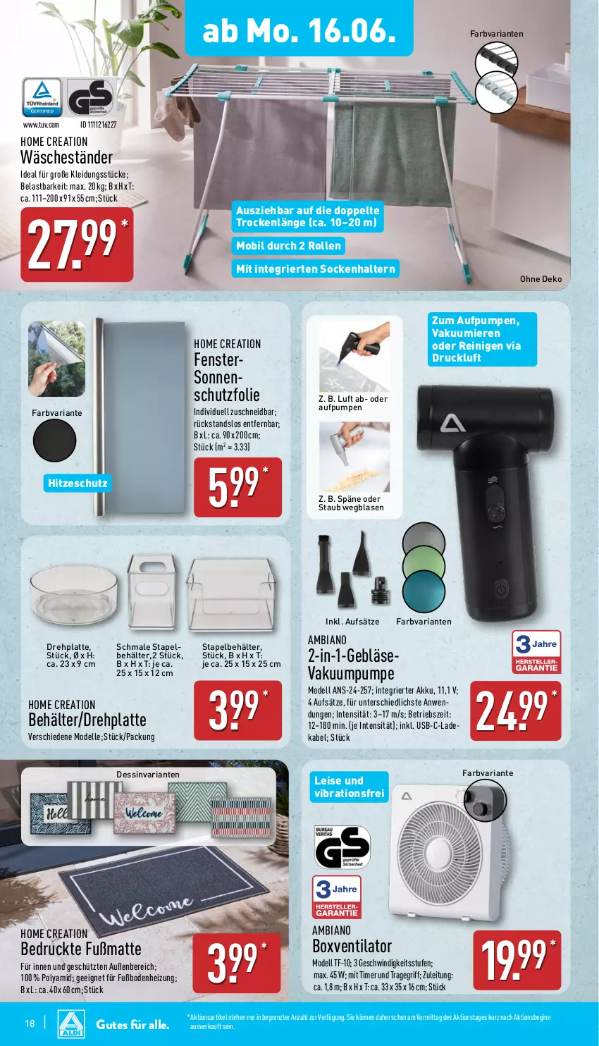 Aktueller Prospekt Aldi Nord - Von Montag - von 16.06 bis 21.06.2025 - strona 18 - produkty: akku, ambia, Behälter, Boxventilator, deka, dell, eis, elle, fenster, Fußmatte, gin, HP, kleid, Kleidung, ladekabel, latte, Mode, Ria, socken, sonnenschutz, Ti, timer, tragegriff, usb, ventilator, ZTE
