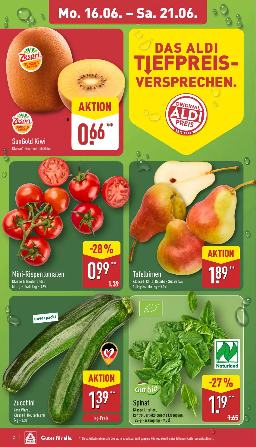 Aktueller Prospekt Aldi Nord - Von Montag - von 16.06 bis 21.06.2025 - strona 2 - produkty: aldi, Birnen, eis, Elan, kiwi, mini-rispentomaten, reis, rispentomaten, Schal, Schale, spinat, tafelbirnen, Ti, tomate, tomaten, trolli, ZTE, zucchini