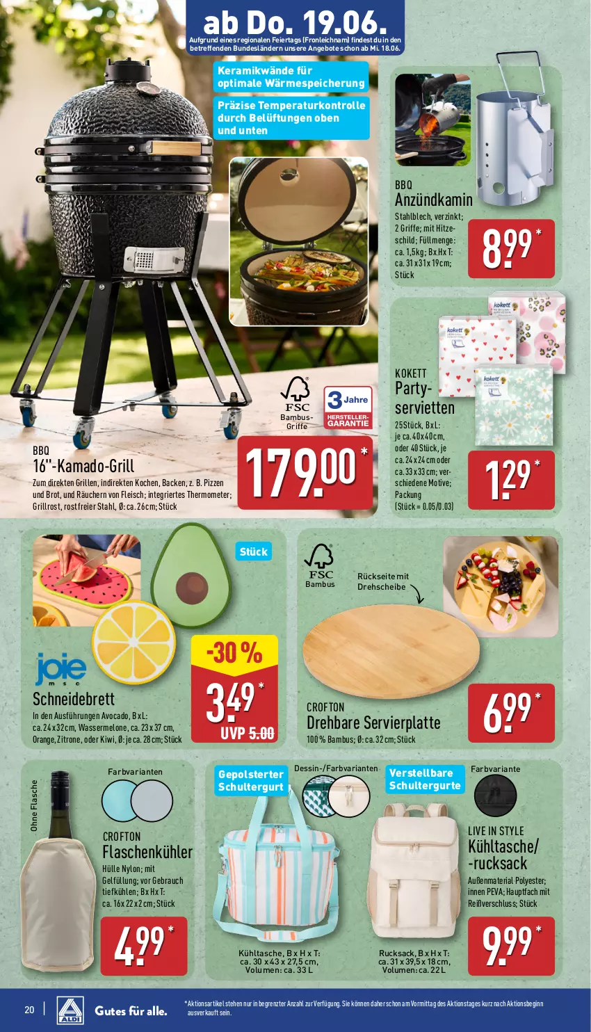 Aktueller Prospekt Aldi Nord - Von Montag - von 16.06 bis 21.06.2025 - strona 20 - produkty: angebot, angebote, anzündkamin, avocado, bambus, brot, Crofton, eier, eis, flasche, fleisch, gin, grill, grillrost, Kamin, kiwi, kühltasche, latte, melone, ndk, orange, Rauch, Ria, rucksack, sac, schneidebrett, schultergurt, Serviette, servietten, Tasche, thermometer, Ti, wasser, wassermelone, zitrone, ZTE