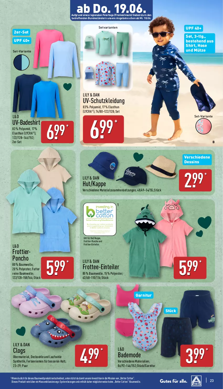 Aktueller Prospekt Aldi Nord - Von Montag - von 16.06 bis 21.06.2025 - strona 23 - produkty: angebot, angebote, Bad, Bau, baumwolle, bett, Clogs, decksohle, eier, Einteiler, eis, garnitur, hose, kleid, Kleidung, LG, Mode, Mütze, reine baumwolle, Ria, rwe, shirt, tee, Ti, uv-schutz, wolle