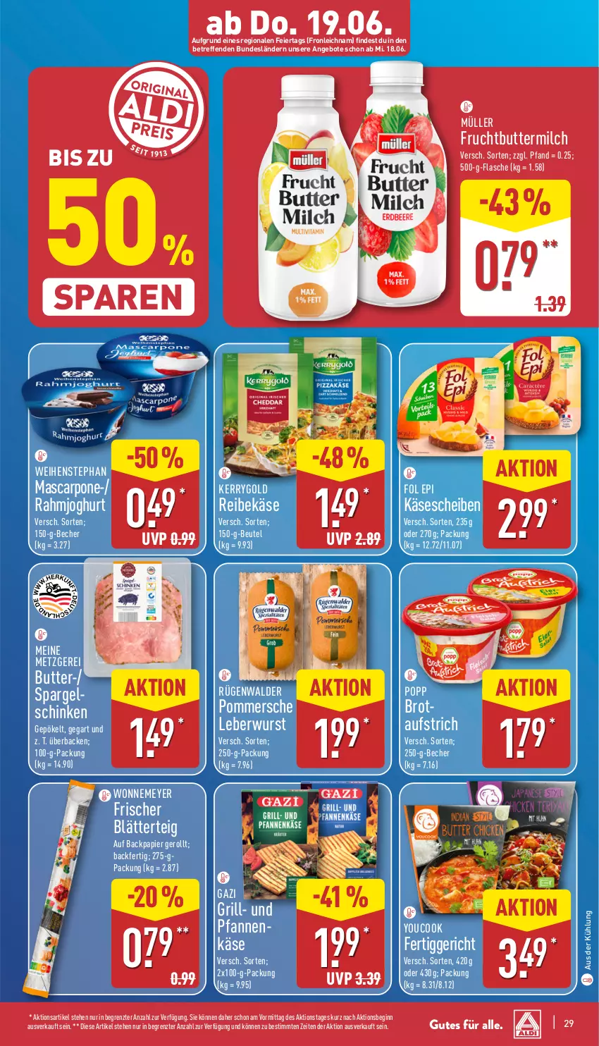 Aktueller Prospekt Aldi Nord - Von Montag - von 16.06 bis 21.06.2025 - strona 29 - produkty: angebot, angebote, aufstrich, Becher, beutel, blätterteig, brot, brotaufstrich, butter, buttermilch, eier, fertiggericht, flasche, fol epi, frucht, gin, grill, joghur, joghurt, Käse, käsescheiben, kerrygold, leberwurst, mascarpone, milch, Müller, papier, pfanne, pfannen, pfannenkäse, Pommersche, Popp, rahmjoghurt, Reibekäse, rügenwalder, schinken, spargel, spargelschinken, Ti, und pfanne, weihenstephan, wurst, Yo, YouCook, ZTE