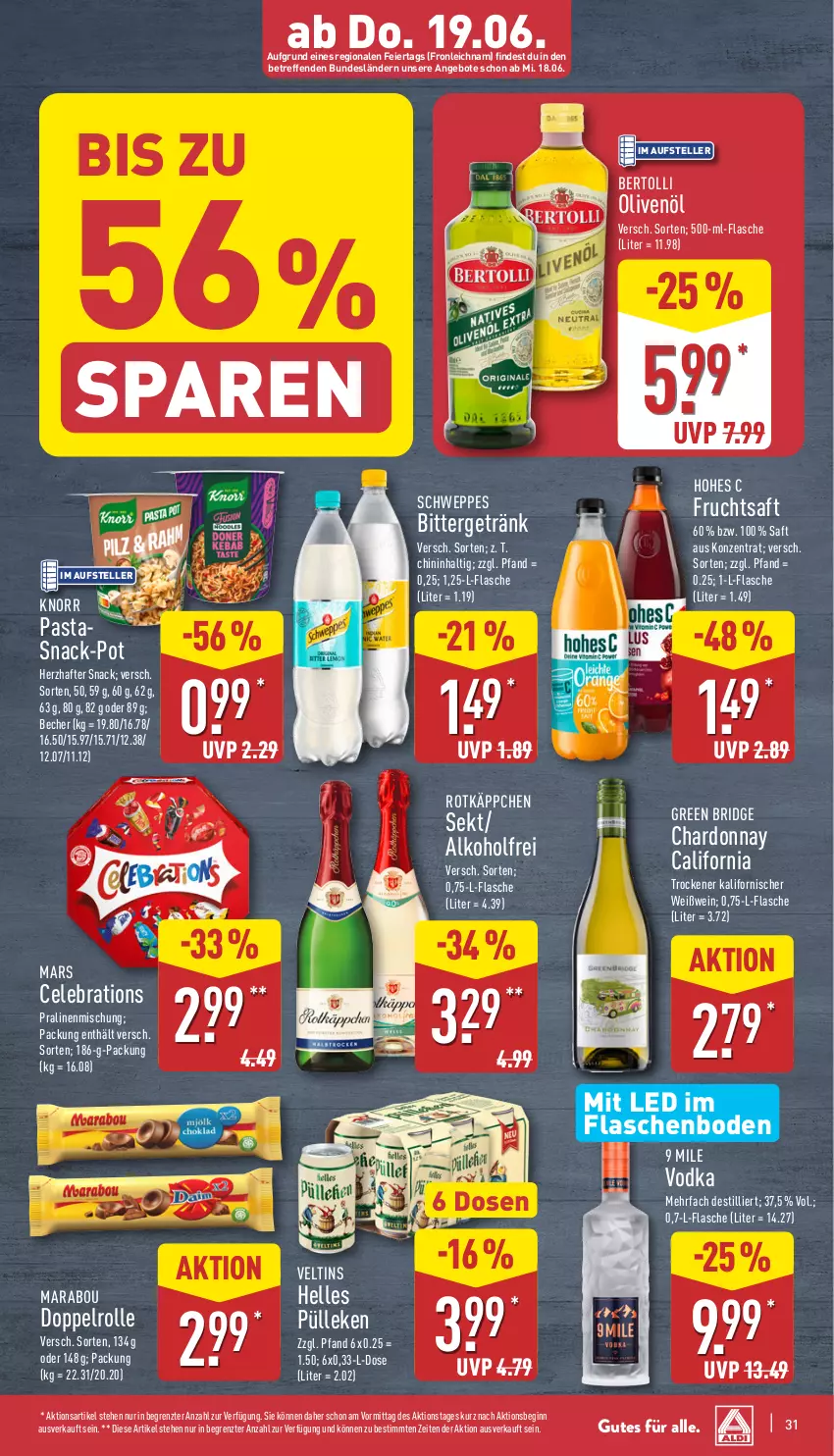 Aktueller Prospekt Aldi Nord - Von Montag - von 16.06 bis 21.06.2025 - strona 31 - produkty: alkohol, angebot, angebote, Becher, bertolli, chardonnay, eier, elle, flasche, frucht, fruchtsaft, getränk, gin, Hohes C, knorr, knorr pasta, Marabou, mars, olive, oliven, olivenöl, pasta, pralinen, rotkäppchen, saft, schweppes, sekt, snack, teller, Ti, veltins, vodka, wein, Weißwein, ZTE