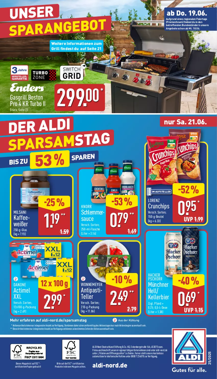 Aktueller Prospekt Aldi Nord - Von Montag - von 16.06 bis 21.06.2025 - strona 36 - produkty: actimel, aldi, angebot, angebote, antipasti, asti, auto, beutel, bier, chips, crunchips, danone, eier, elle, flasche, gasgrill, gin, grill, hacker pschorr, kaffee, kellerbier, knorr, lorenz, lorenz crunchips, magazin, papier, sauce, schlemmersauce, telefon, teller, Ti, ZTE