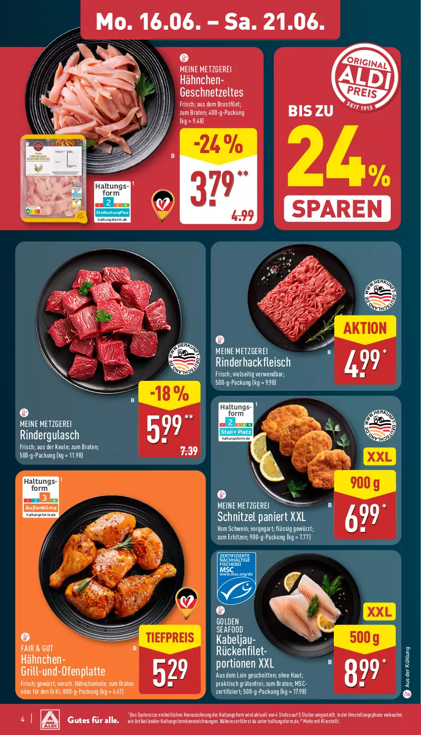 Aktueller Prospekt Aldi Nord - Von Montag - von 16.06 bis 21.06.2025 - strona 4 - produkty: braten, brustfilet, eis, ente, filet, fleisch, geschnetzeltes, gewürz, grill, gulasch, hackfleisch, Hähnchengeschnetzeltes, latte, Ofen, reis, rind, rinder, rindergulasch, rinderhackfleisch, rwe, schnitten, schnitzel, schwein, Ti, tiefpreis, tisch, wein, Zelt