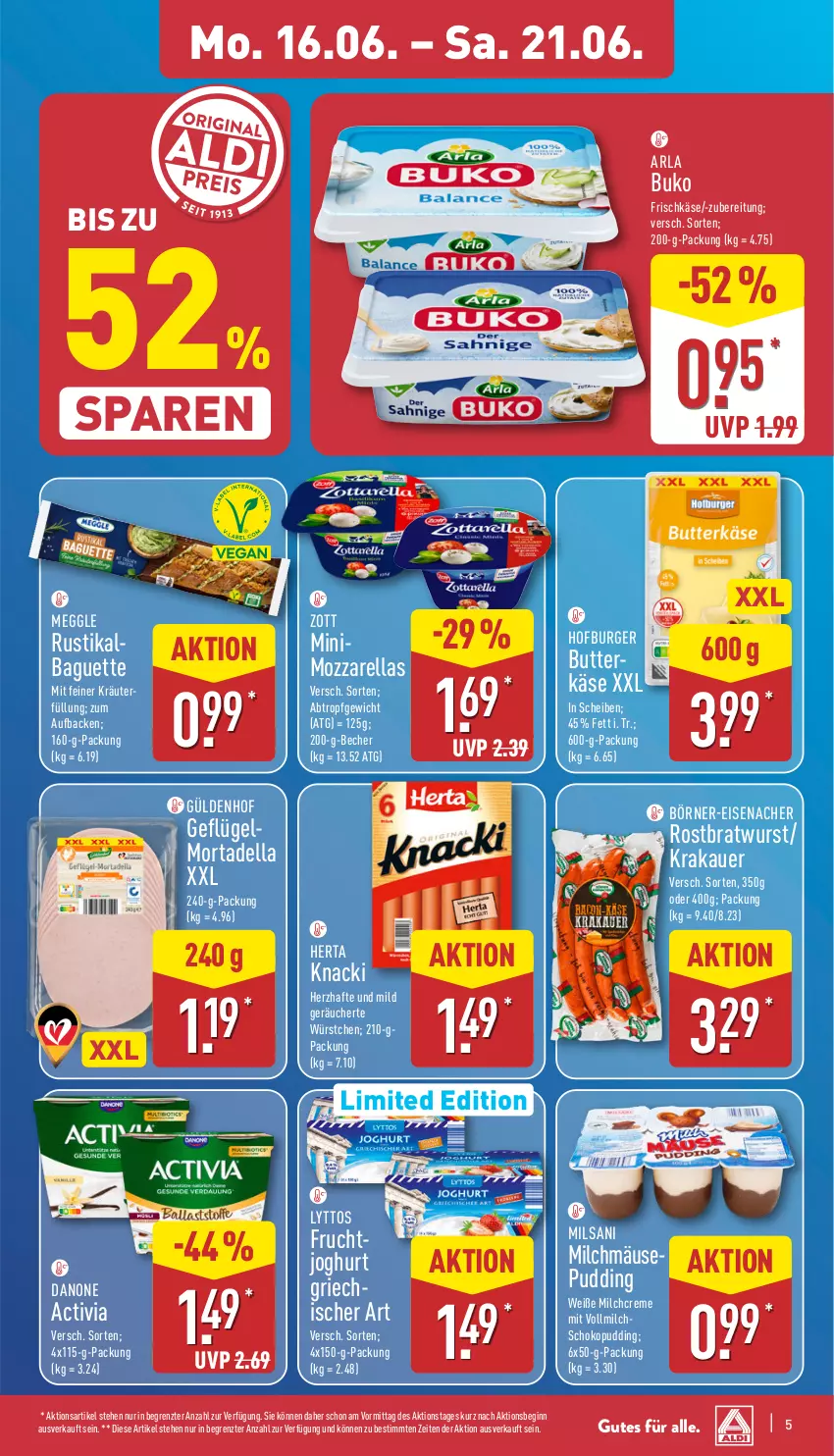 Aktueller Prospekt Aldi Nord - Von Montag - von 16.06 bis 21.06.2025 - strona 5 - produkty: activia, arla, arla buko, auer, baguette, Becher, bratwurst, Buko, burger, butter, butterkäse, creme, danone, danone activia, dell, eis, frischkäse, frucht, fruchtjoghurt, Geflügel, gin, herta, joghur, joghurt, Käse, krakauer, kräuter, meggle, milch, mortadella, mozzarella, pudding, rel, rostbratwurst, schoko, Ti, vollmilch, wurst, würstchen, zott, ZTE