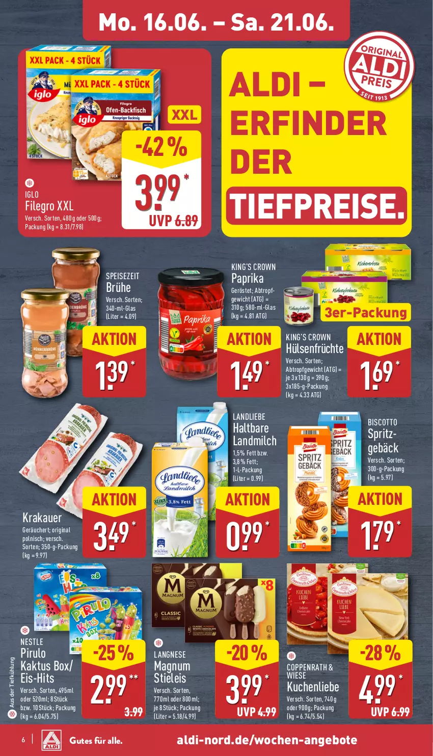 Aktueller Prospekt Aldi Nord - Von Montag - von 16.06 bis 21.06.2025 - strona 6 - produkty: aldi, angebot, angebote, auer, aus der tiefkühlung, biscotto, Brühe, coppenrath, eis, filegro, früchte, gin, hülsenfrüchte, iglo, krakauer, kuchen, kuchenliebe, landliebe, landmilch, langnese, magnum, milch, paprika, reis, senf, Spritzgebäck, stieleis, Ti, tiefpreis
