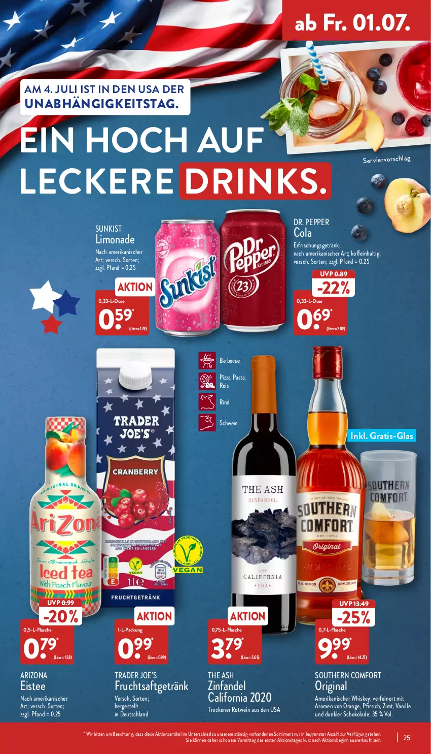 Aktueller Prospekt Aldi Nord - Aldi-Aktuell - von 27.06 bis 02.07.2022 - strona 25 - produkty: barbecue, cola, drink, drinks, eis, eistee, erfrischungsgetränk, flasche, frucht, fruchtsaft, getränk, gin, limo, limonade, orange, pasta, pfirsich, pizza, reis, rind, rotwein, saft, schoko, schokolade, schwein, Southern Comfort, tee, Ti, vanille, wein, whiskey, ZTE