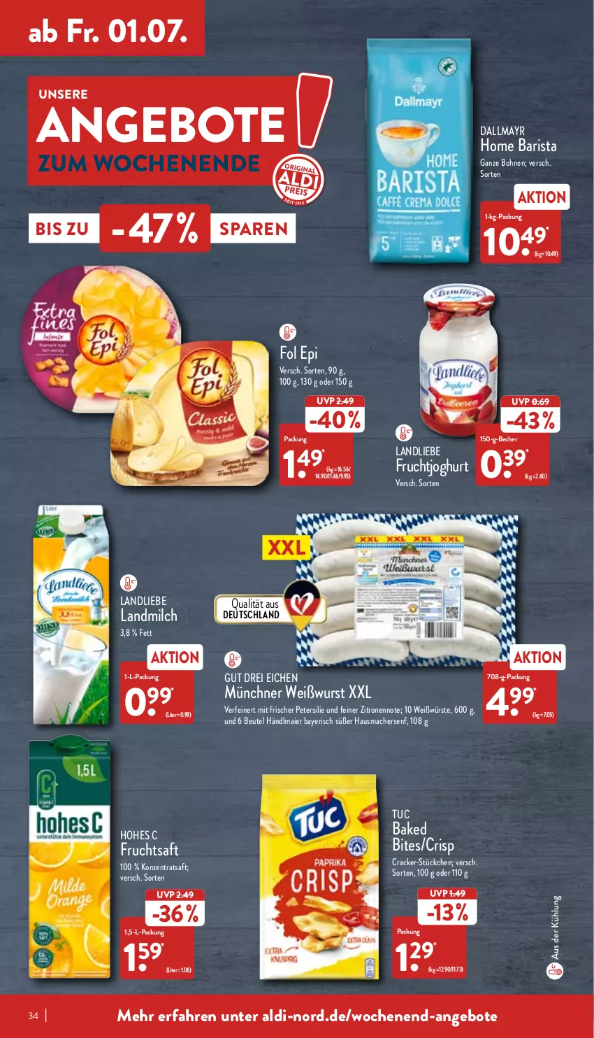 Aktueller Prospekt Aldi Nord - Aldi-Aktuell - von 27.06 bis 02.07.2022 - strona 34 - produkty: aldi, angebot, angebote, Becher, beutel, bites, bohne, bohnen, cracker, dallmayr, fol epi, frucht, fruchtjoghurt, fruchtsaft, händlmaier, Hausmacher, Hohes C, joghur, joghurt, landliebe, landmilch, mac, milch, petersilie, saft, senf, Ti, tuc, wurst, zitrone, zitronen