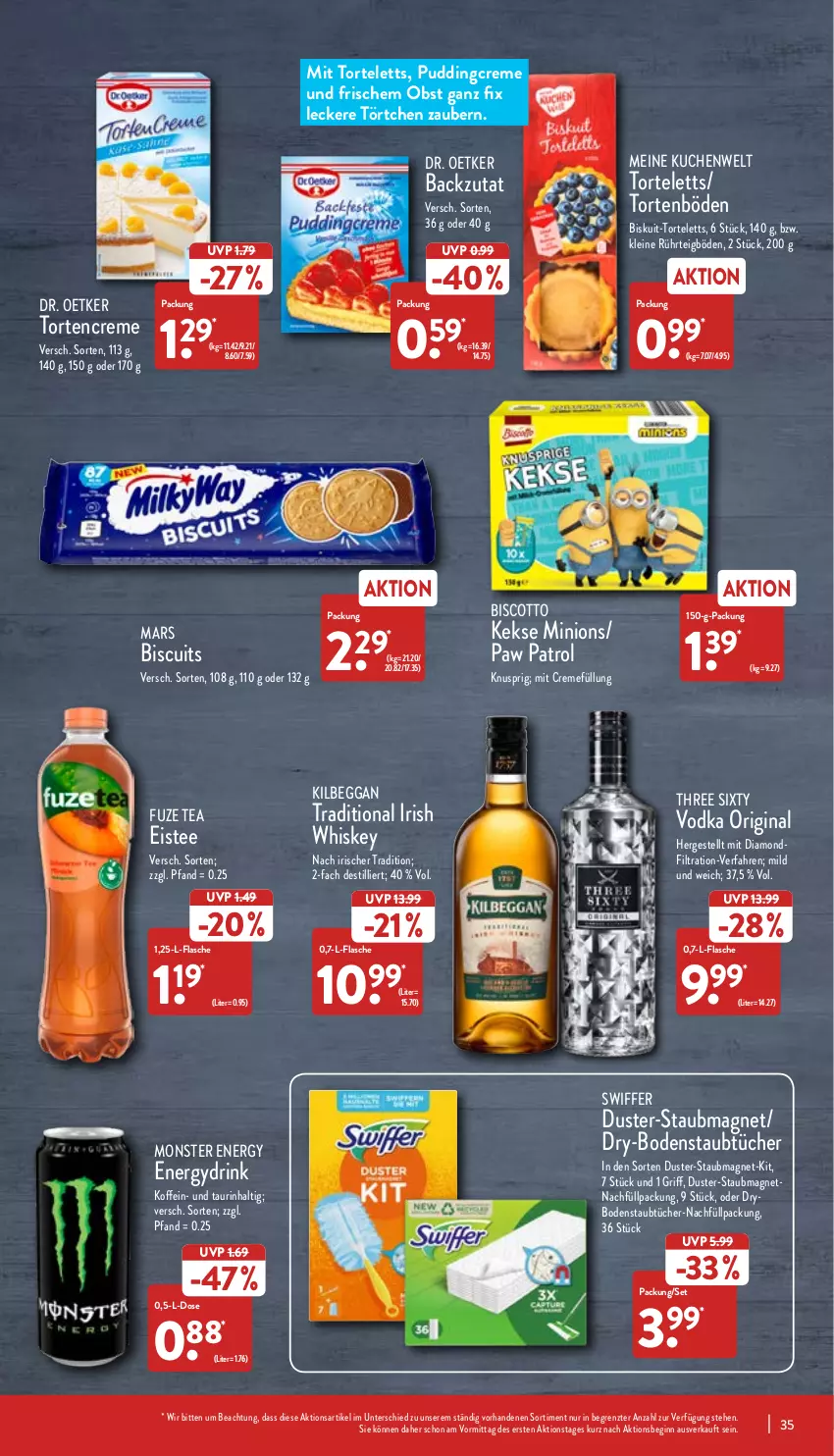 Aktueller Prospekt Aldi Nord - Aldi-Aktuell - von 27.06 bis 02.07.2022 - strona 35 - produkty: biscotto, creme, Dr. Oetker, drink, eis, eistee, flasche, fuze tea, gin, irish whiskey, keks, kekse, kilbeggan, kuchen, leine, mars, monster, Monster Energy, obst, Paw Patrol, pudding, staubmagnet, swiffer, tee, Three Sixty, Ti, Törtchen, torte, tücher, vodka, whiskey, ZTE