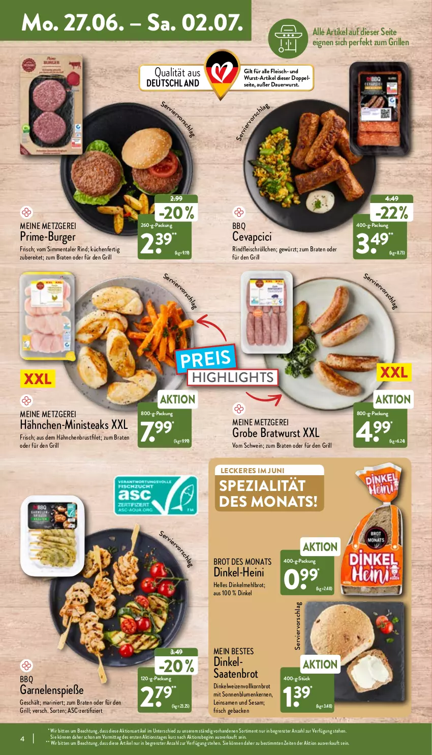 Aktueller Prospekt Aldi Nord - Aldi-Aktuell - von 27.06 bis 02.07.2022 - strona 4 - produkty: auer, blume, blumen, braten, bratwurst, brot, brustfilet, burger, cevapcici, dinkelmehl, eis, elle, filet, fleisch, garnelen, geback, gewürz, gin, grill, grobe bratwurst, hähnchenbrust, hähnchenbrustfilet, korn, Kornbrot, küche, Küchen, mehl, reis, rind, rindfleisch, schwein, sesam, sim, sonnenblume, sonnenblumen, Sonnenblumenkerne, sonnenblumenkernen, Spezi, steak, steaks, Ti, vollkornbrot, wein, wurst, ZTE