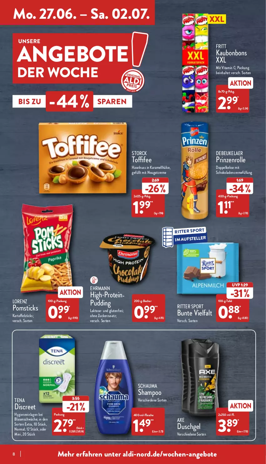 Aktueller Prospekt Aldi Nord - Aldi-Aktuell - von 27.06 bis 02.07.2022 - strona 8 - produkty: aldi, angebot, angebote, axe, axe duschgel, Becher, bonbons, creme, debeukelaer, Discreet, Doppelkekse, duschgel, ehrmann, elle, flasche, haselnuss, karamell, kartoffel, keks, kekse, lorenz, Nougatcreme, nuss, prinzenrolle, pudding, ritter, ritter sport, schauma, schoko, schokolade, schokoladen, shampoo, Sport, storck, teller, Ti, toffifee, vita, Vitamin C, zucker