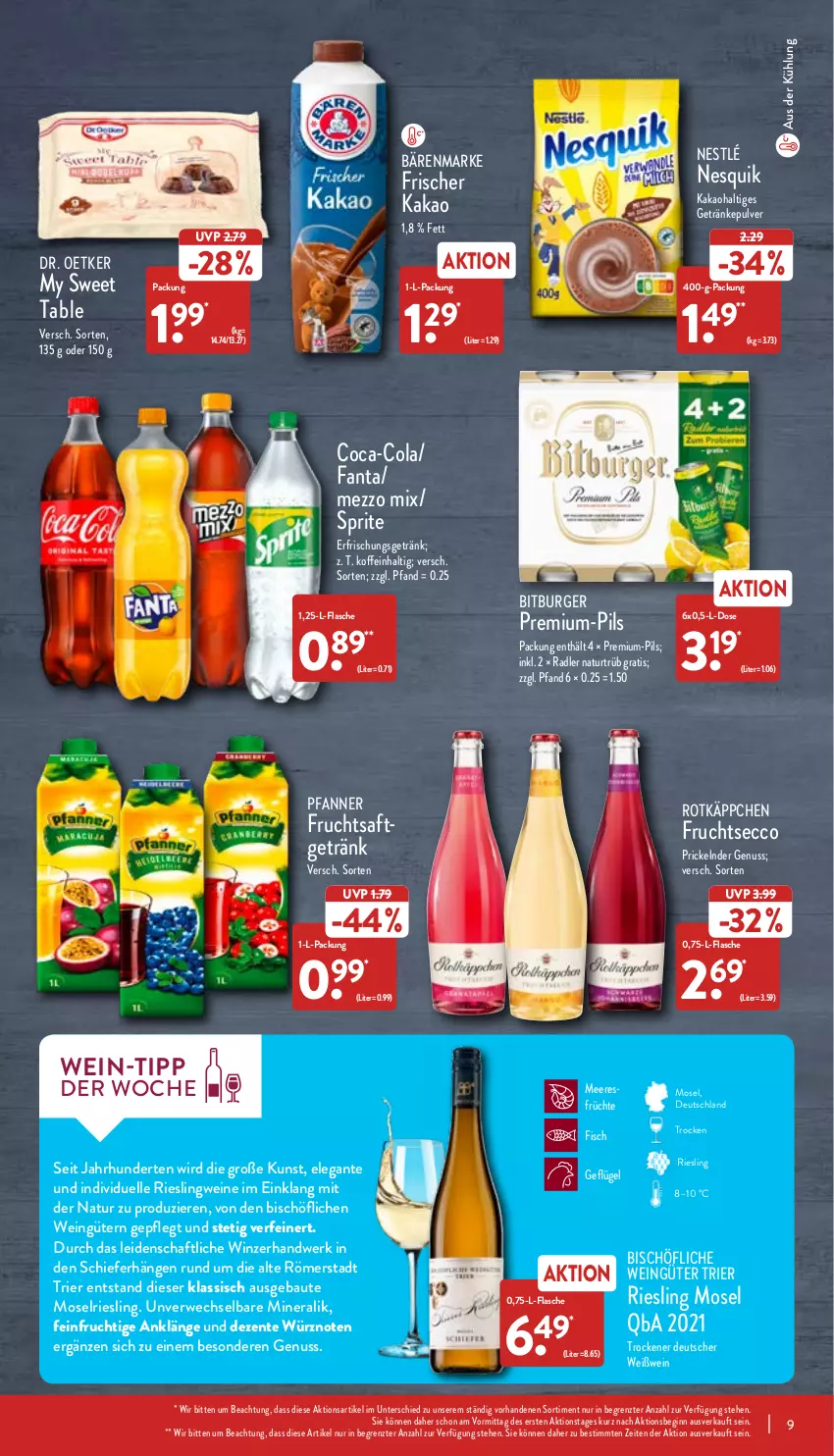 Aktueller Prospekt Aldi Nord - Aldi-Aktuell - von 27.06 bis 02.07.2022 - strona 9 - produkty: bärenmarke, Bau, bitburger, burger, coca-cola, cola, Dr. Oetker, ecco, elle, ente, erfrischungsgetränk, fanta, fisch, flasche, frucht, früchte, fruchtsaft, fruchtsecco, Geflügel, getränk, getränke, getränkepulver, gin, kakao, meeresfrüchte, Mezzo Mix, my sweet table, natur, nesquik, nestlé, nuss, pfanne, Pfanner, pils, radler, riesling, rotkäppchen, saft, sprite, Ti, wein, weine, Weißwein, ZTE