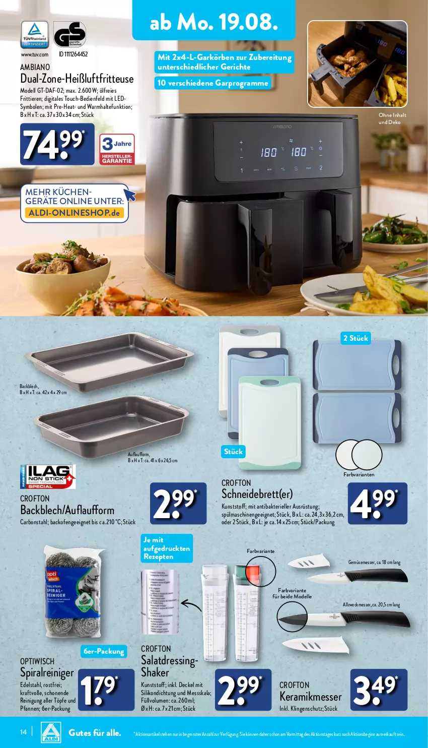 Aktueller Prospekt Aldi Nord - Von Montag - von 19.08 bis 24.08.2024 - strona 14 - produkty: aldi, ambia, backofen, Crofton, decke, Deckel, dell, dressing, edelstahl, elle, fritteuse, gin, Heißluftfritteuse, kraft, küche, Küchen, leds, messer, Mode, Ofen, Optiwisch, pfanne, pfannen, reiniger, Reinigung, rezept, rezepte, Ria, salat, salatdressing, schneidebrett, shake, spülmaschinen, Ti, Tiere, und pfanne, weck, ZTE