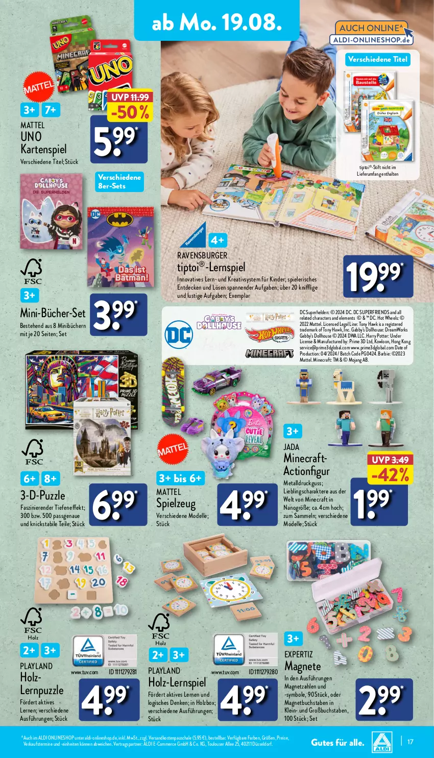 Aktueller Prospekt Aldi Nord - Von Montag - von 19.08 bis 24.08.2024 - strona 17 - produkty: aldi, Barbie, buch, burger, decke, dell, eis, elle, expertiz, Holz, Hot Wheels, Kartenspiel, Kinder, Lernspiel, Lusti, Magnetbuch, Mattel, Mode, ndk, Puzzle, ravensburger, reis, rel, rum, Schal, Schale, Spiele, spielzeug, Ti, Tiptoi