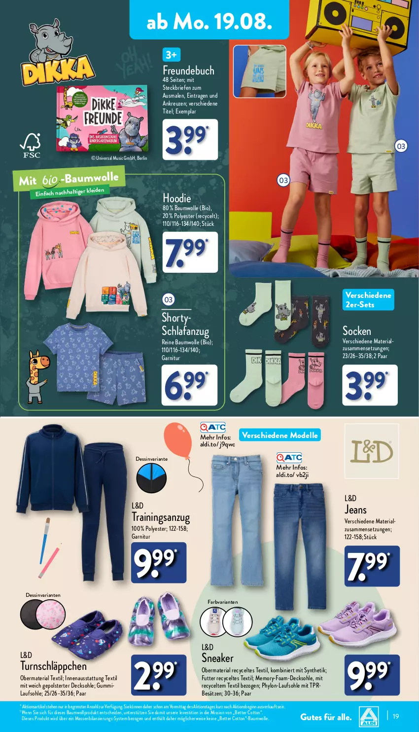 Aktueller Prospekt Aldi Nord - Von Montag - von 19.08 bis 24.08.2024 - strona 19 - produkty: aldi, Anzug, Bau, baumwolle, bett, bio, brie, buch, decksohle, dell, eis, elle, garnitur, gin, Hylo, jeans, kleid, Mode, reine baumwolle, Ria, rwe, Schlafanzug, shorty, sneaker, socken, Ti, trainingsanzug, wolle, ZTE