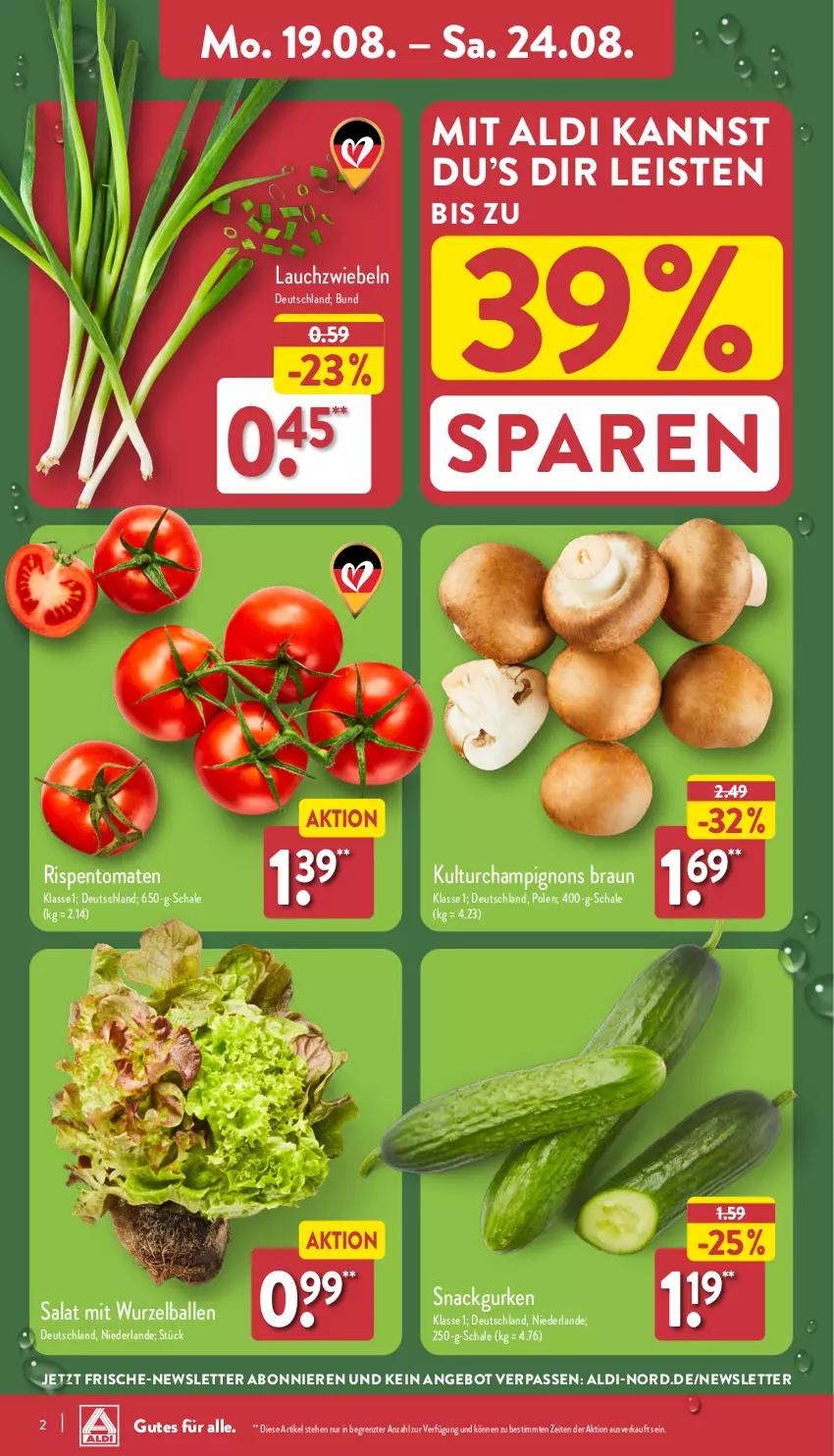 Aktueller Prospekt Aldi Nord - Von Montag - von 19.08 bis 24.08.2024 - strona 2 - produkty: aldi, angebot, ball, braun, champignon, champignons, champignons braun, eis, gurke, gurken, Lauchzwiebel, lauchzwiebeln, rispentomaten, salat, Schal, Schale, snack, Ti, tomate, tomaten, ZTE, zwiebel, zwiebeln