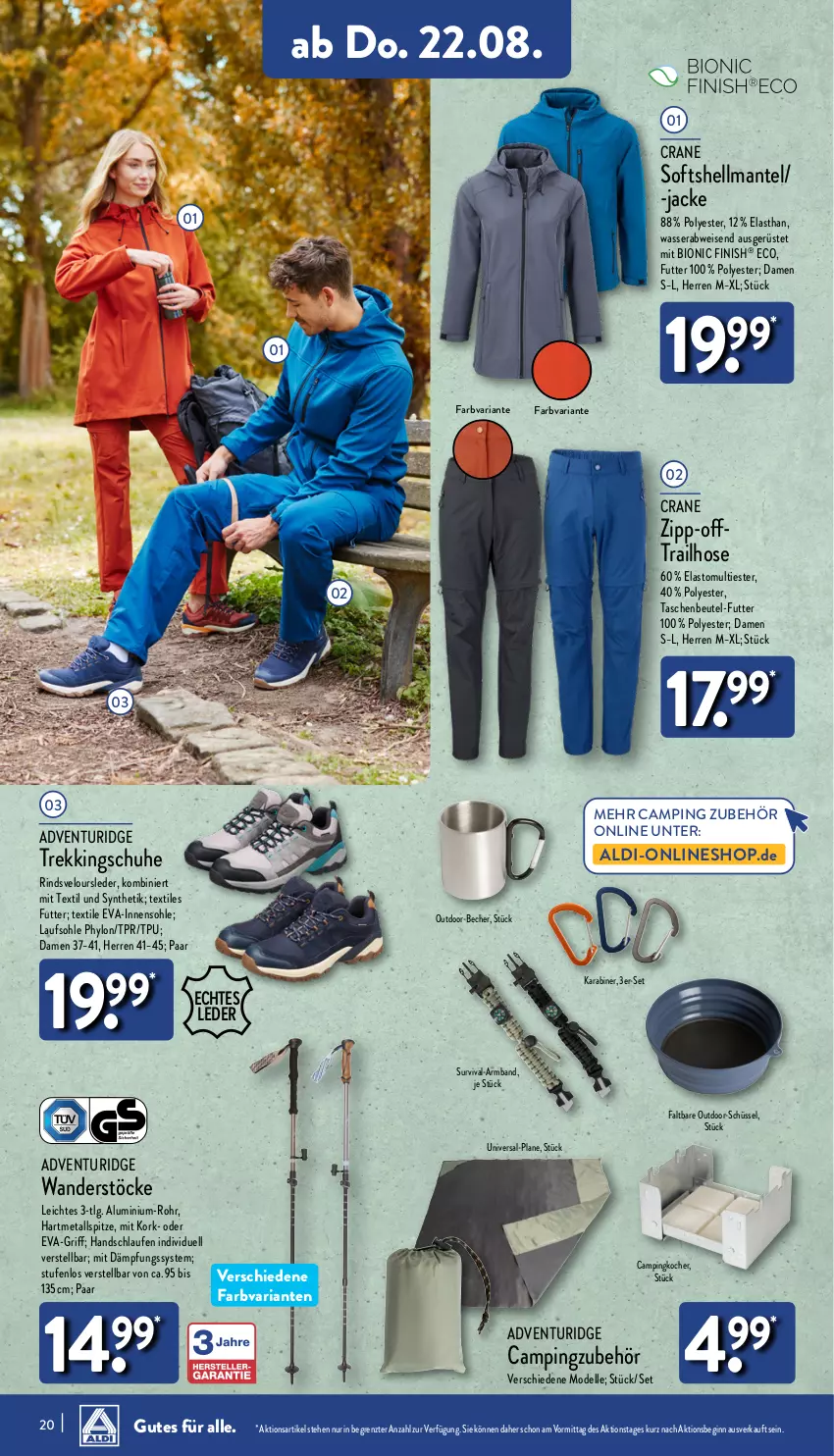 Aktueller Prospekt Aldi Nord - Von Montag - von 19.08 bis 24.08.2024 - strona 20 - produkty: aldi, Armband, Becher, beutel, bio, dell, eis, elle, Finish, gin, hose, Hylo, Jacke, Kocher, Laufen, LG, Mantel, Mode, Ria, rind, schuhe, schüssel, Tasche, taschen, Ti, Trekkingschuh, Trekkingschuhe, wasser, ZTE