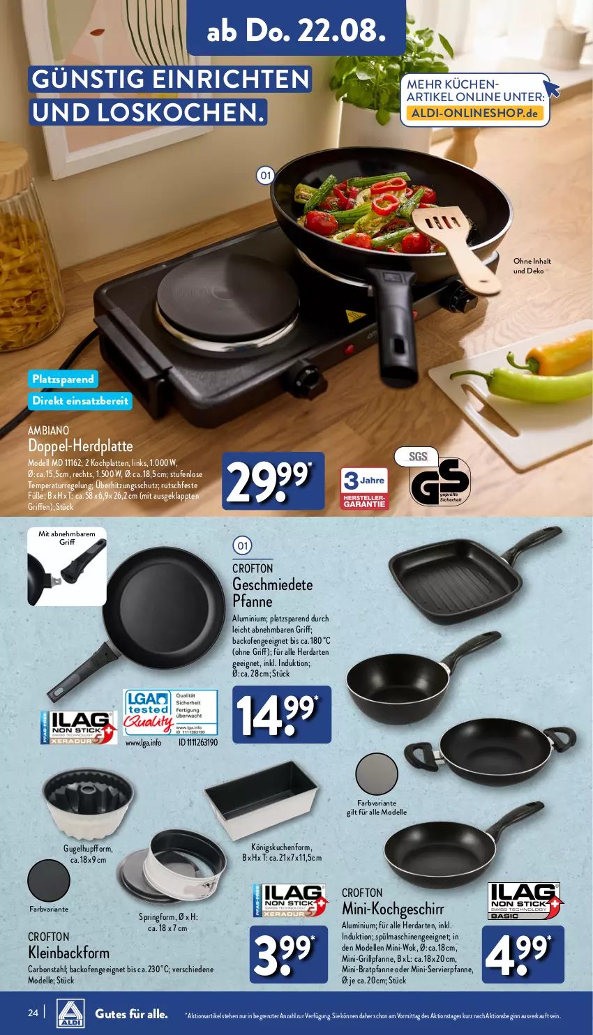 Aktueller Prospekt Aldi Nord - Von Montag - von 19.08 bis 24.08.2024 - strona 24 - produkty: aldi, ambia, Backform, backofen, bratpfanne, Crofton, dell, elle, geschirr, gin, grill, Grillpfanne, herdarten, HP, Kochplatten, küche, kuchen, Küchen, latte, LG, Mode, Ofen, pfanne, Ria, ring, Springform, spülmaschinen, Ti, überhitzungsschutz, wok, ZTE