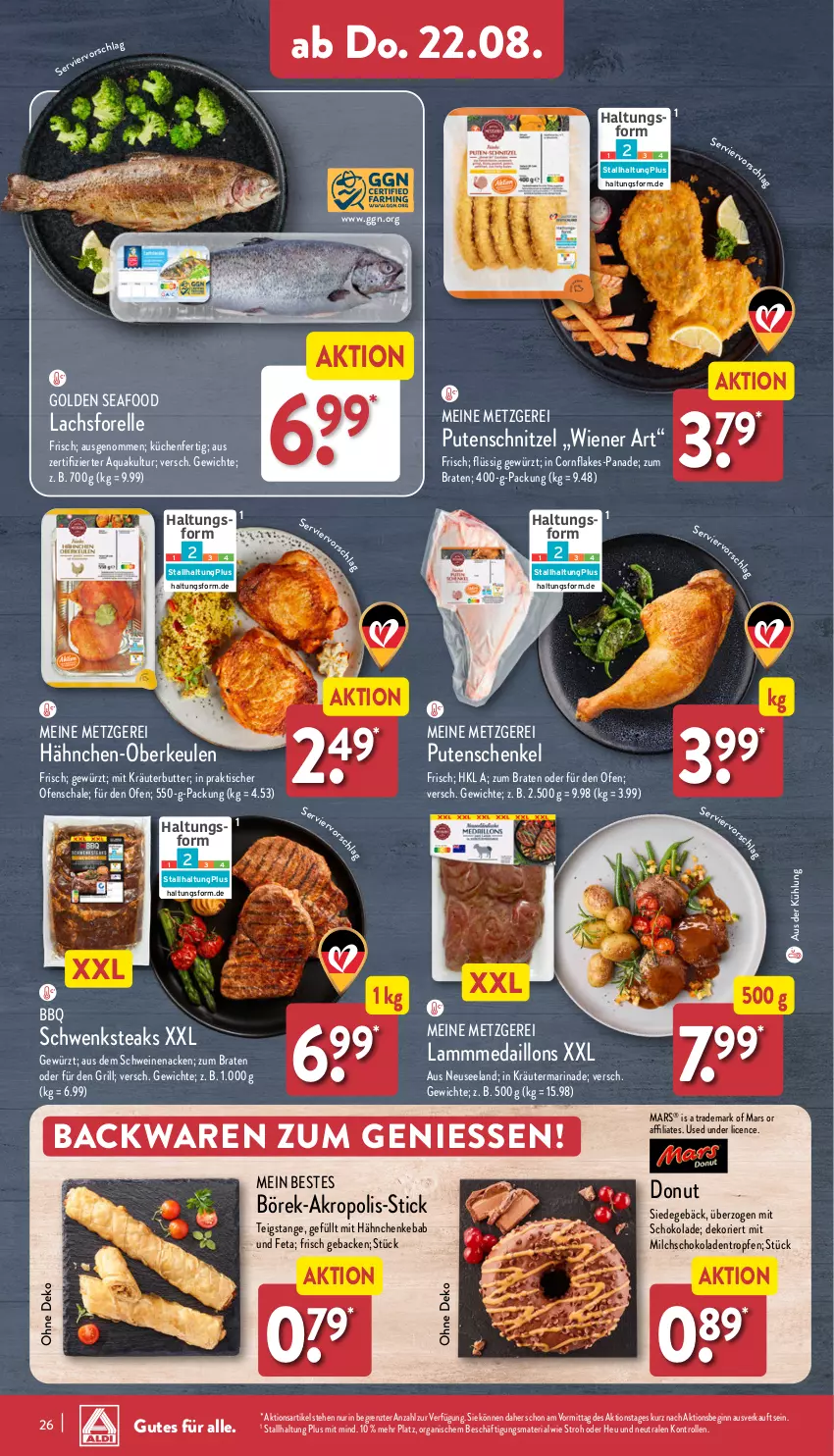 Aktueller Prospekt Aldi Nord - Von Montag - von 19.08 bis 24.08.2024 - strona 26 - produkty: aqua, backwaren, braten, butter, Donut, Elan, elle, feta, flakes, forelle, geback, gewürz, gin, grill, Hähnchen-Oberkeulen, henkel, Heu, kräuter, kräuterbutter, küche, Küchen, lachs, lamm, marinade, mars, medaillons, milch, Ofen, pute, putenschnitzel, rel, Ria, Schal, Schale, schenkel, schnitzel, schoko, schokolade, schokoladen, schwein, schweine, schweinenacken, steak, steaks, Ti, tisch, wein, weine, wiener, ZTE