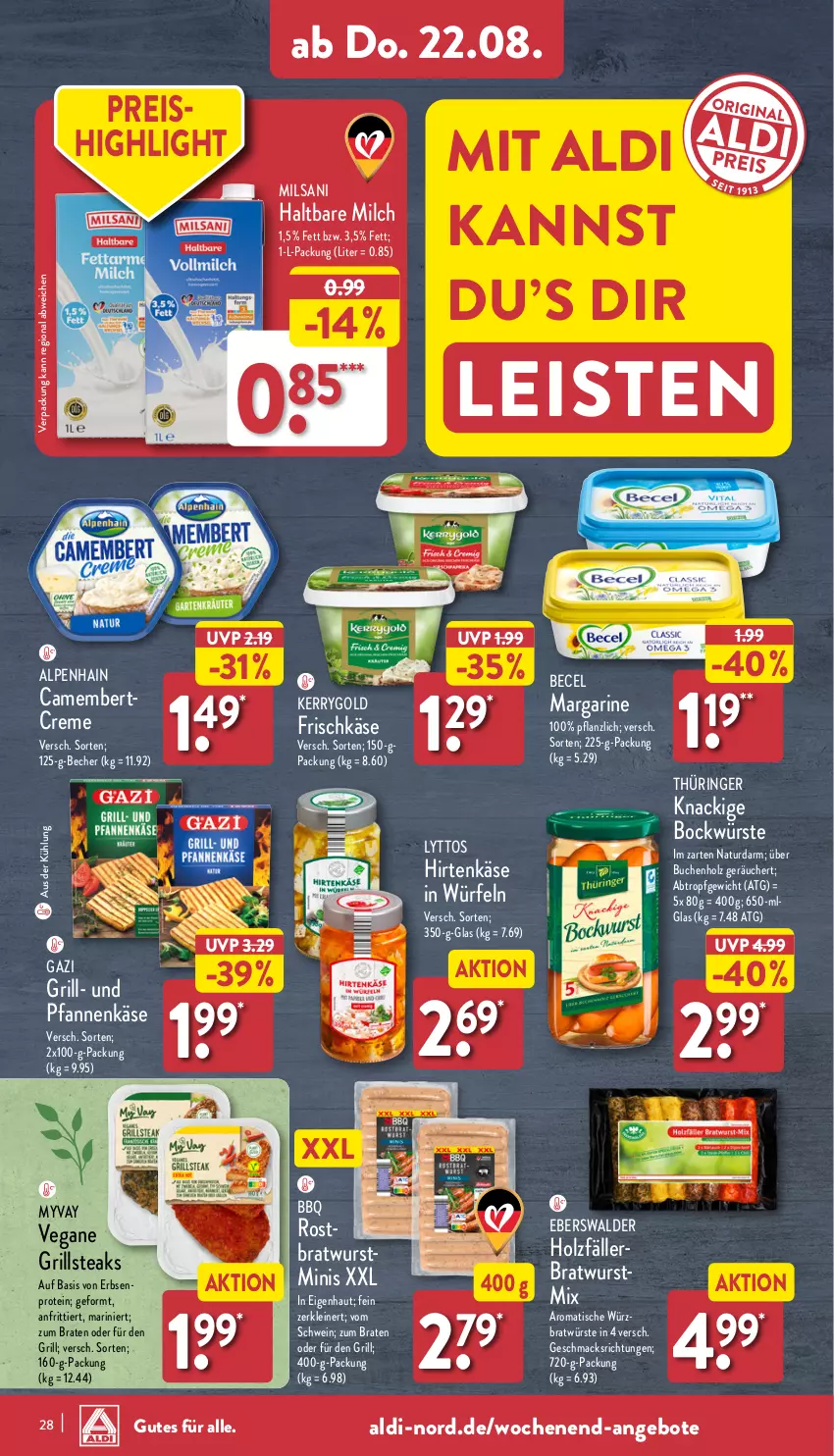 Aktueller Prospekt Aldi Nord - Von Montag - von 19.08 bis 24.08.2024 - strona 28 - produkty: aldi, Alpenhain, angebot, angebote, becel, Becher, braten, bratwurst, buch, camembert, creme, eis, erbsen, frischkäse, grill, haltbare milch, hirtenkäse, Holz, Käse, kerrygold, leine, LG, mac, margarine, milch, natur, pfanne, pfannen, pfannenkäse, reis, ring, rostbratwurst, schwein, steak, steaks, Ti, tisch, und pfanne, wein, würfel, wurst